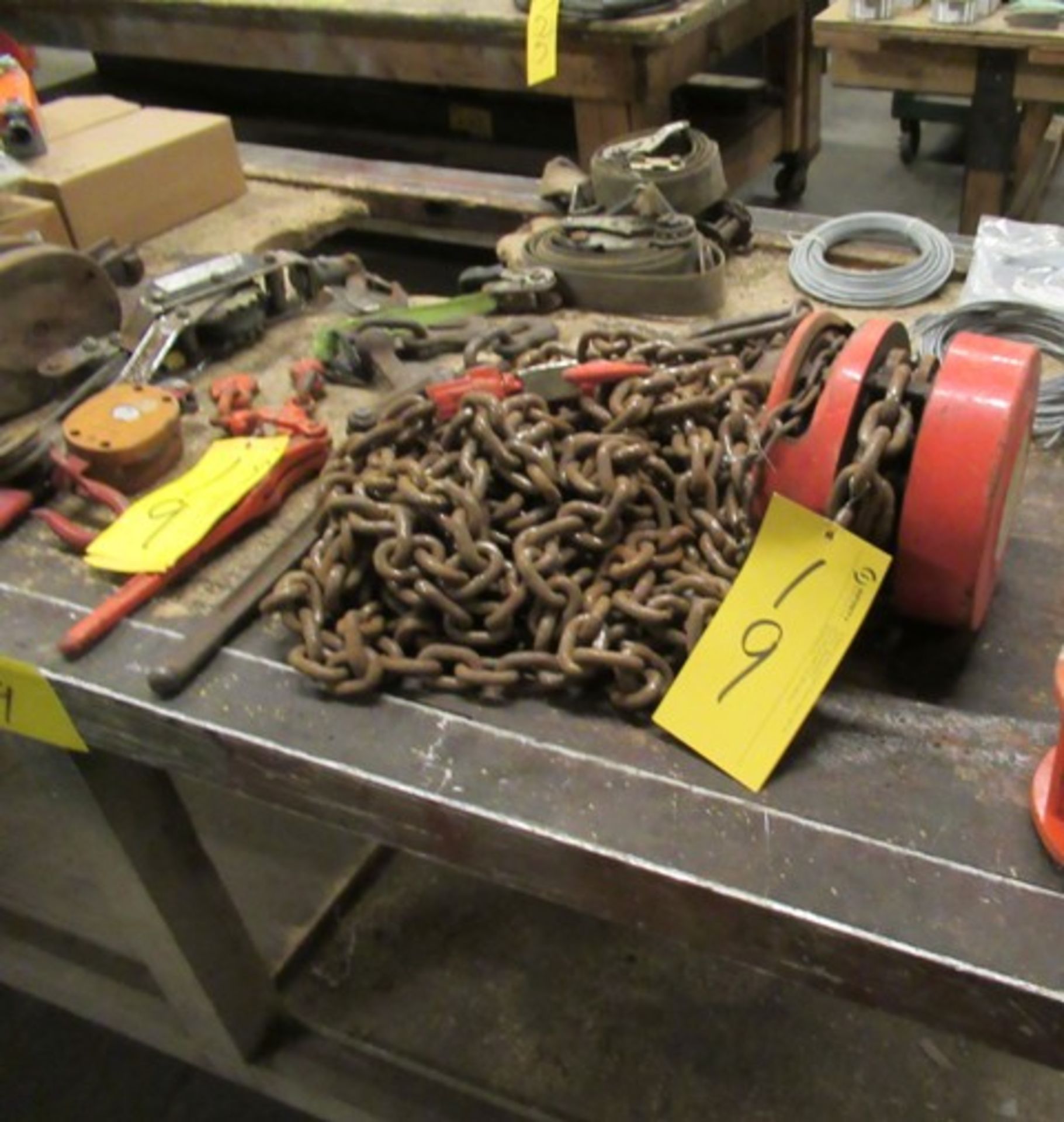 LOT ASST. CM 2-TON CHAIN BLOCK, 3-TON HANGER, CHAIN BINDERS, ETC.