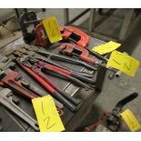 LOT ASST. RIDGID PIPE CUTTERS, PIPE VISES, PIPE WRENCHES, BOLT CUTTERS, PIPE STAND, ETC.