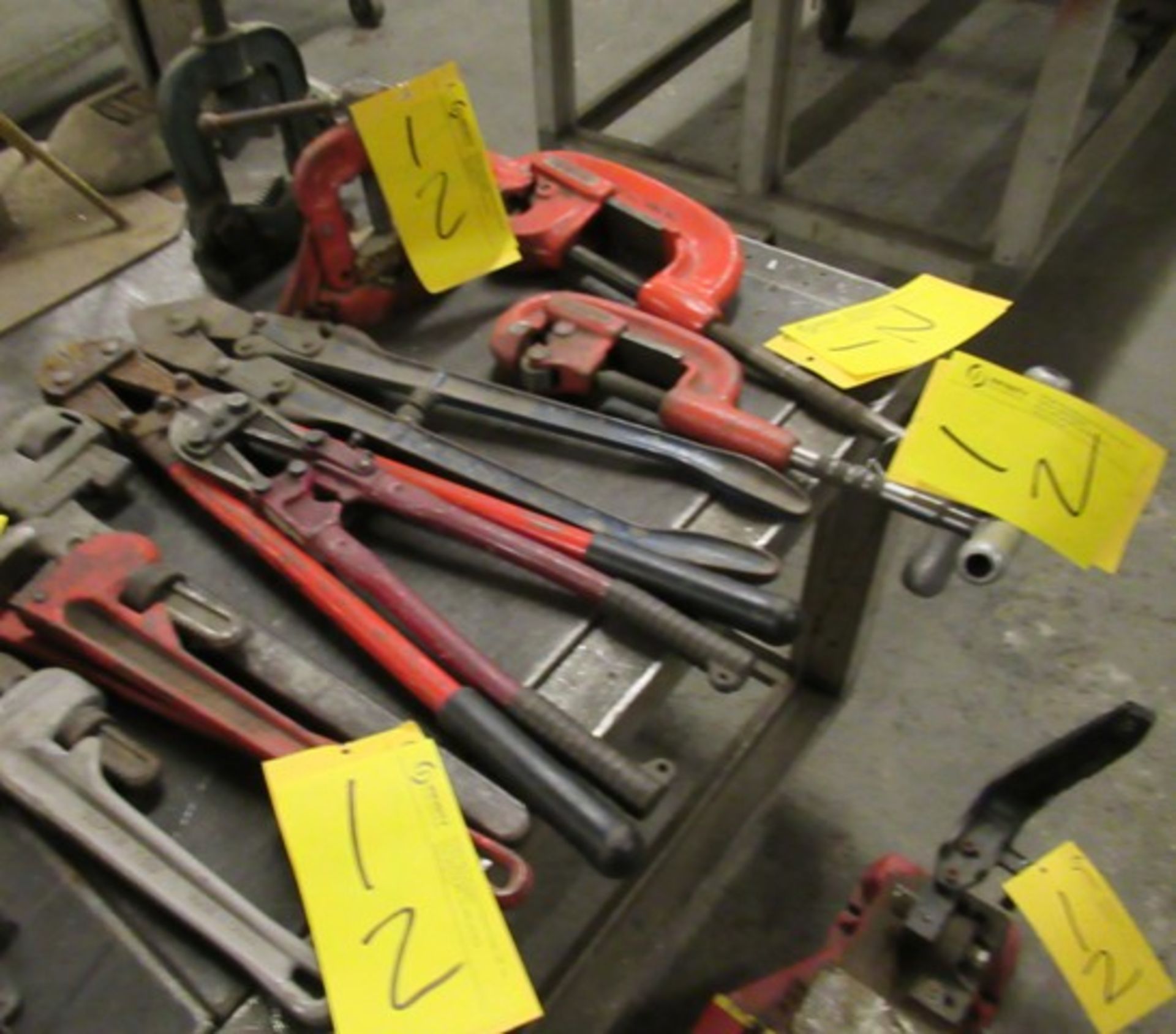 LOT ASST. RIDGID PIPE CUTTERS, PIPE VISES, PIPE WRENCHES, BOLT CUTTERS, PIPE STAND, ETC.