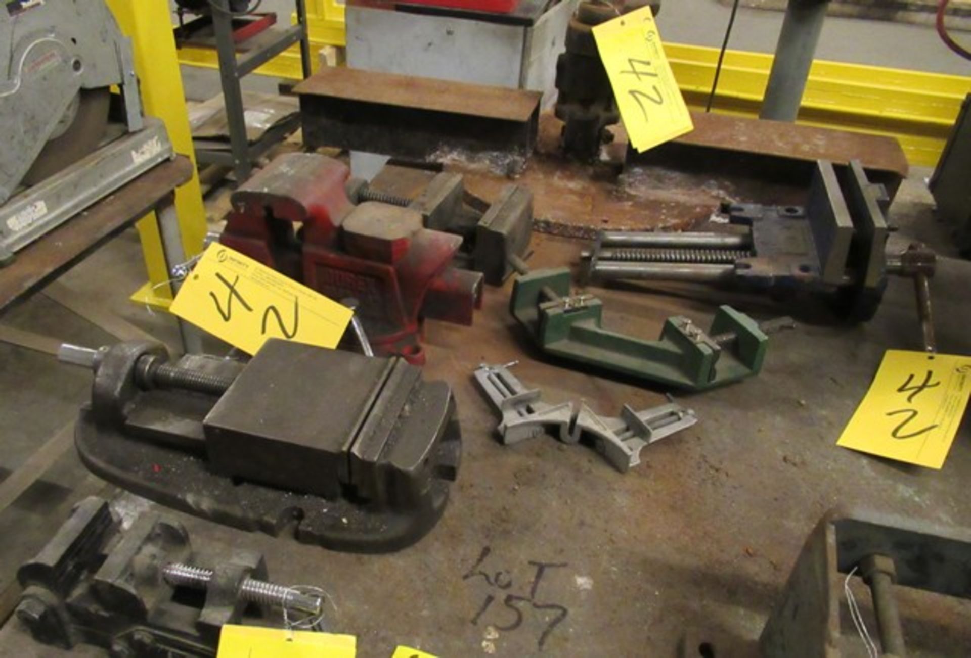 LOT ASST. 2-5" MACHINE VISES, 2-3" & 2-1/2" BENCH VISES, 7" FURNITURE VISE, CLAMPS, ETC.