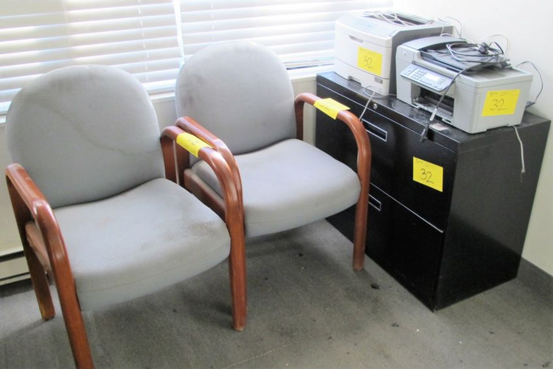 LOT OF ASST. OFFICE FURNITURE, DESK, CHAIRS, SHELVES, FILE CABINET, PRINTERS, MONITORS, KEYBOARDS, - Image 3 of 6