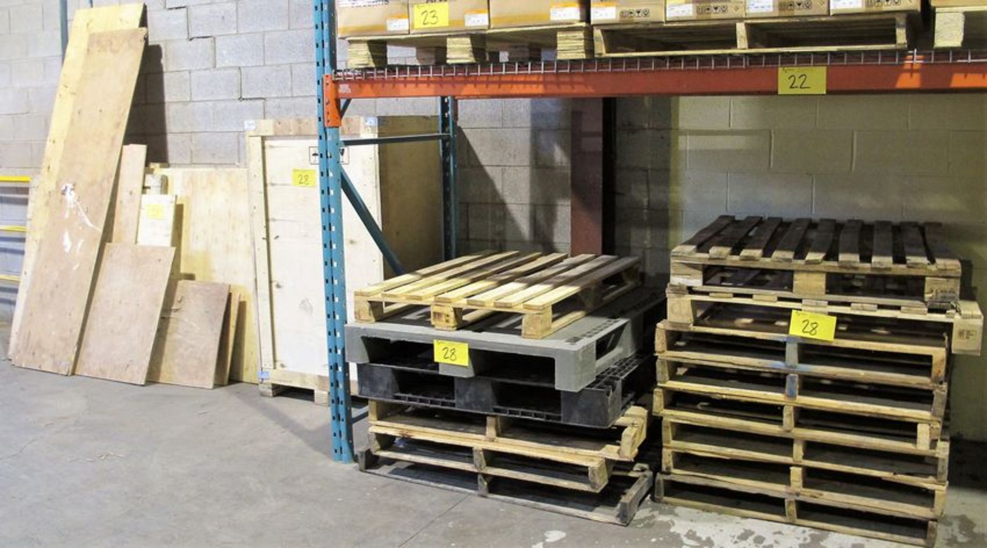 LOT OF ASST. PALLETS, CRATES, PLYWOOD, ETC.