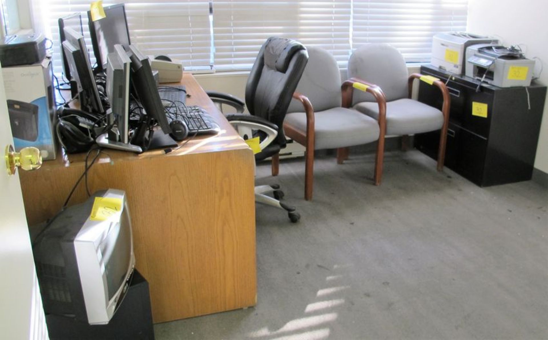 LOT OF ASST. OFFICE FURNITURE, DESK, CHAIRS, SHELVES, FILE CABINET, PRINTERS, MONITORS, KEYBOARDS,