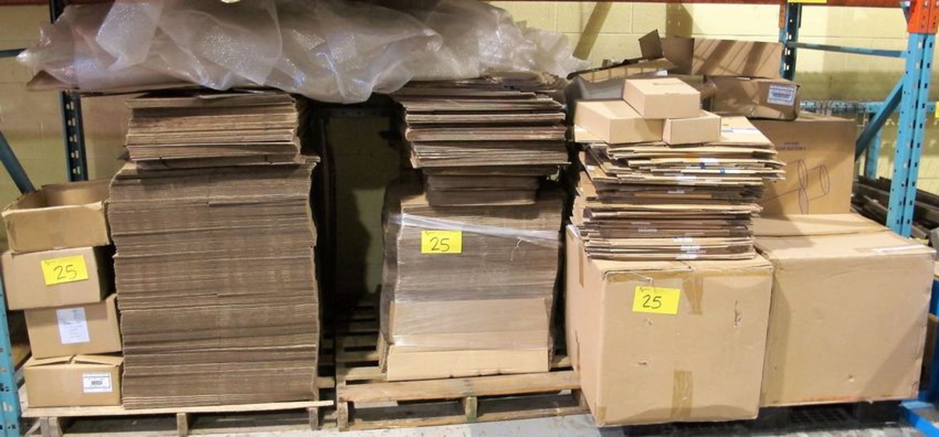 LOT OF (3) PALLETS OF ASST. CARDBOARD BOXES, INSERTS, BUBBLE WRAP, ETC.