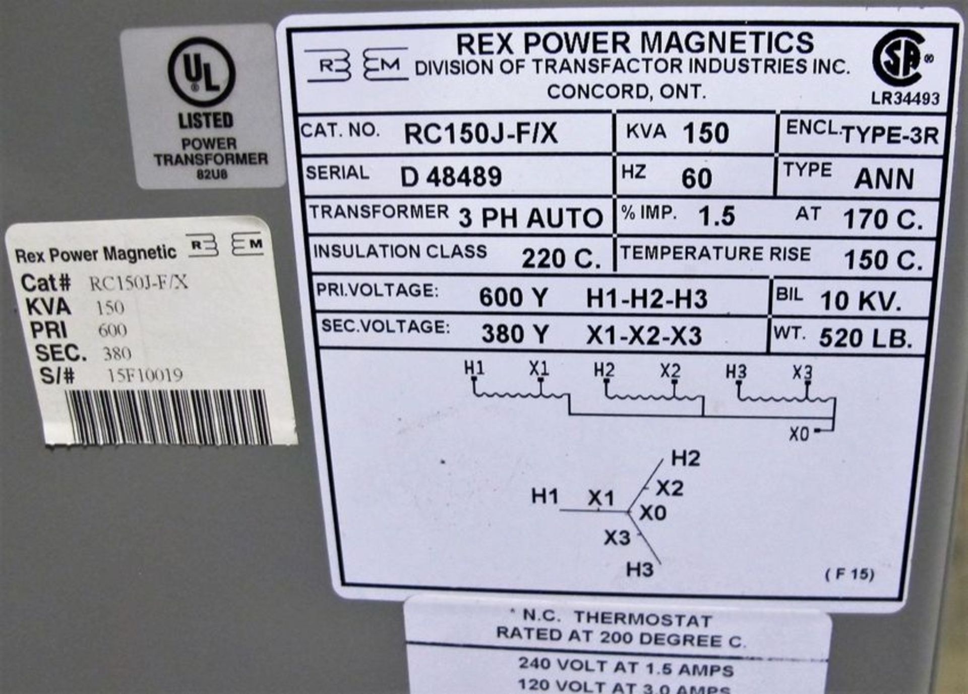 REX MANUFACTURING 150 KVA TRANSFORMER, 600/380V W/ EXM 380V SWITCH, SQUARE D HEAVY DUTY SWITCH, WIRE - Image 3 of 7