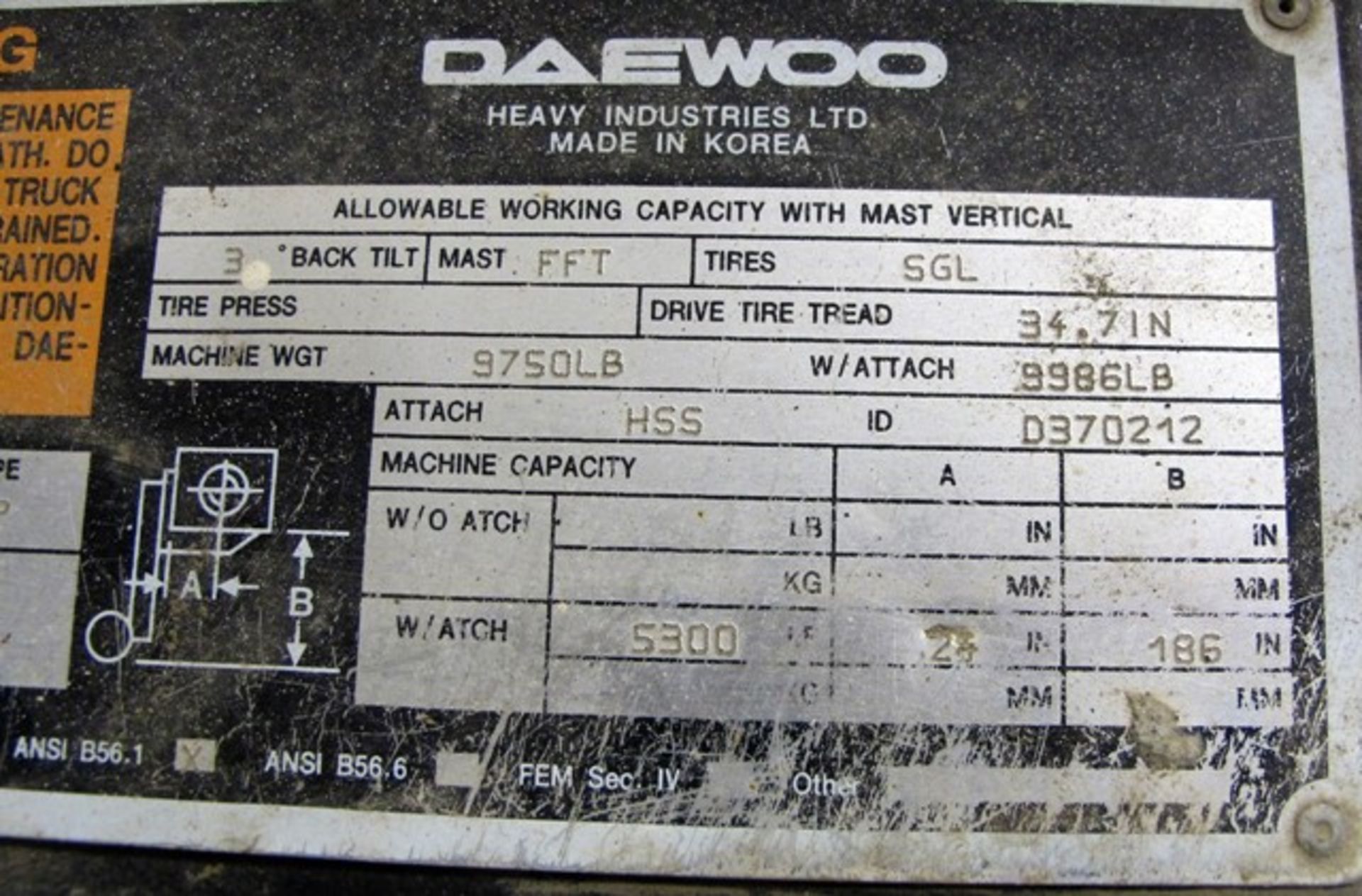 DAEWOO MOD GC 30P-3, 6000 LB PROPANE FORKLIFT W/SIDE SHIFT, 3 STAGE MAST, S/N DM-00663, NO TANK ( - Image 2 of 3