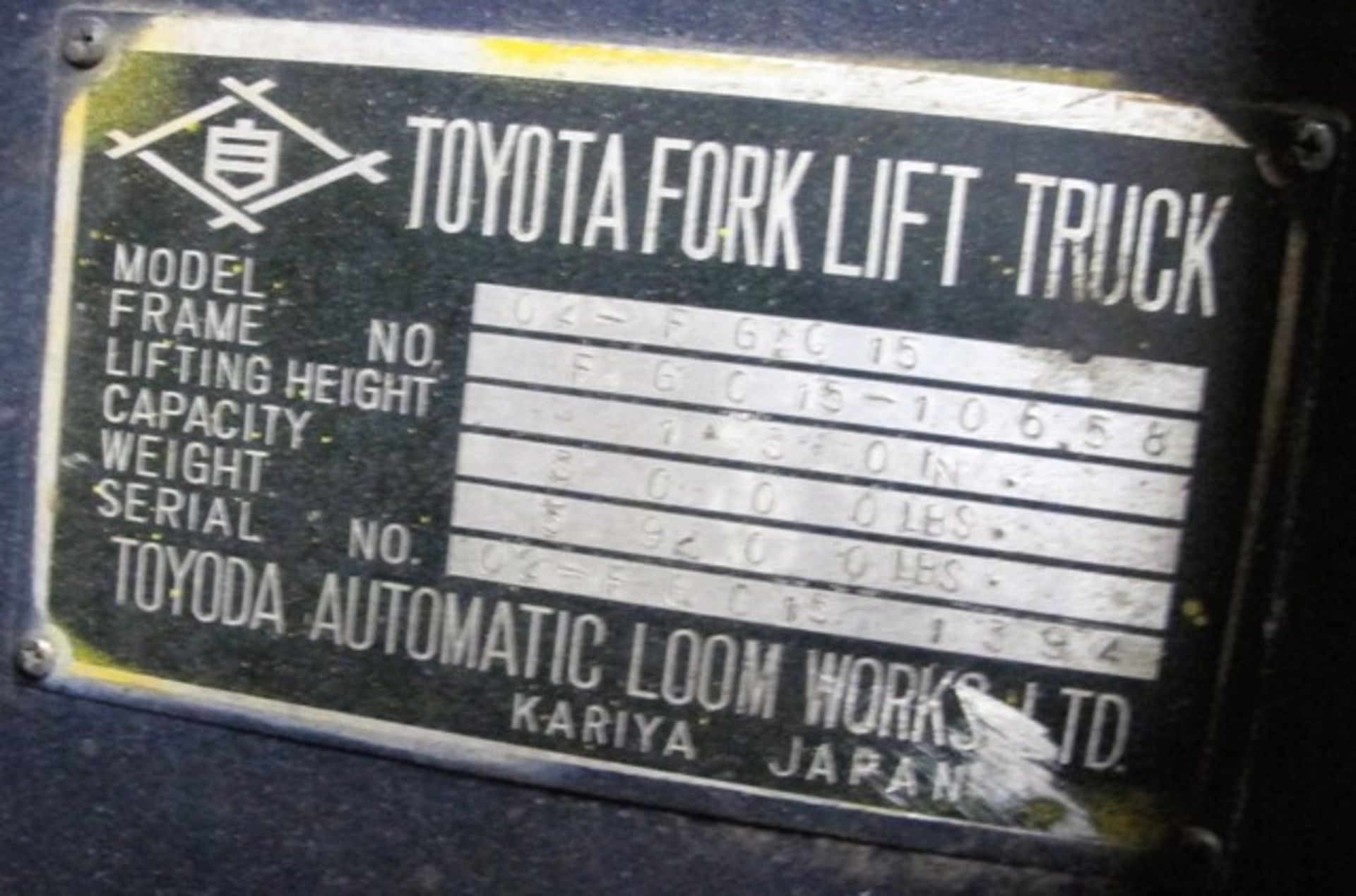 TOYOTA 02-FGC15 PROPANE FORKLIFT, 3,000LB CAP., 130" MAX LIFT, 2 STAGE, SOLID TIRES, S/N 02- - Image 3 of 3