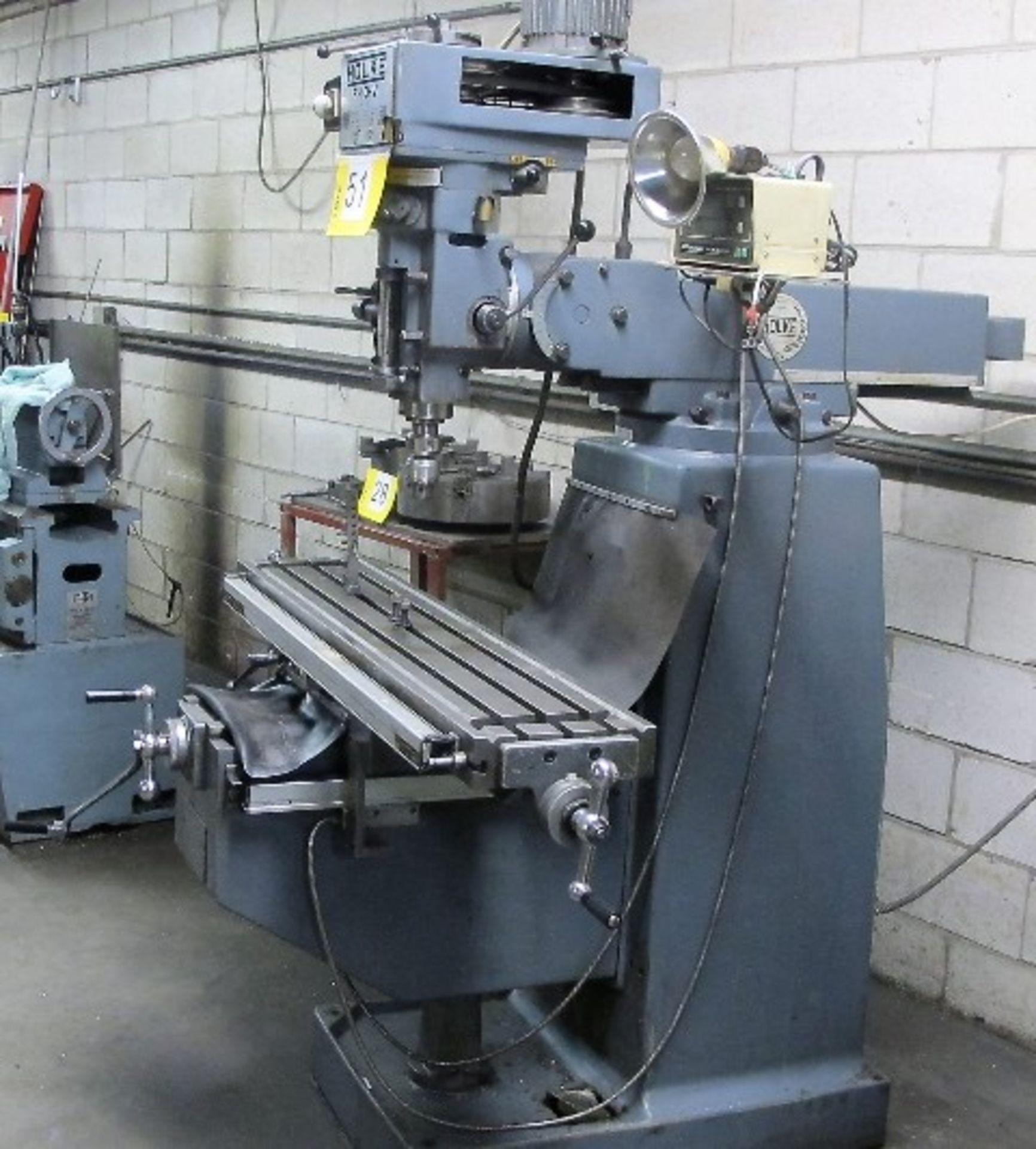 HOLKE F-10-V VERTICAL MILLING MACHINE, 10" X 44" TABLE, MITUTOYO 2-AXIS DRO, SPEEDS TO 2,275 RPM,