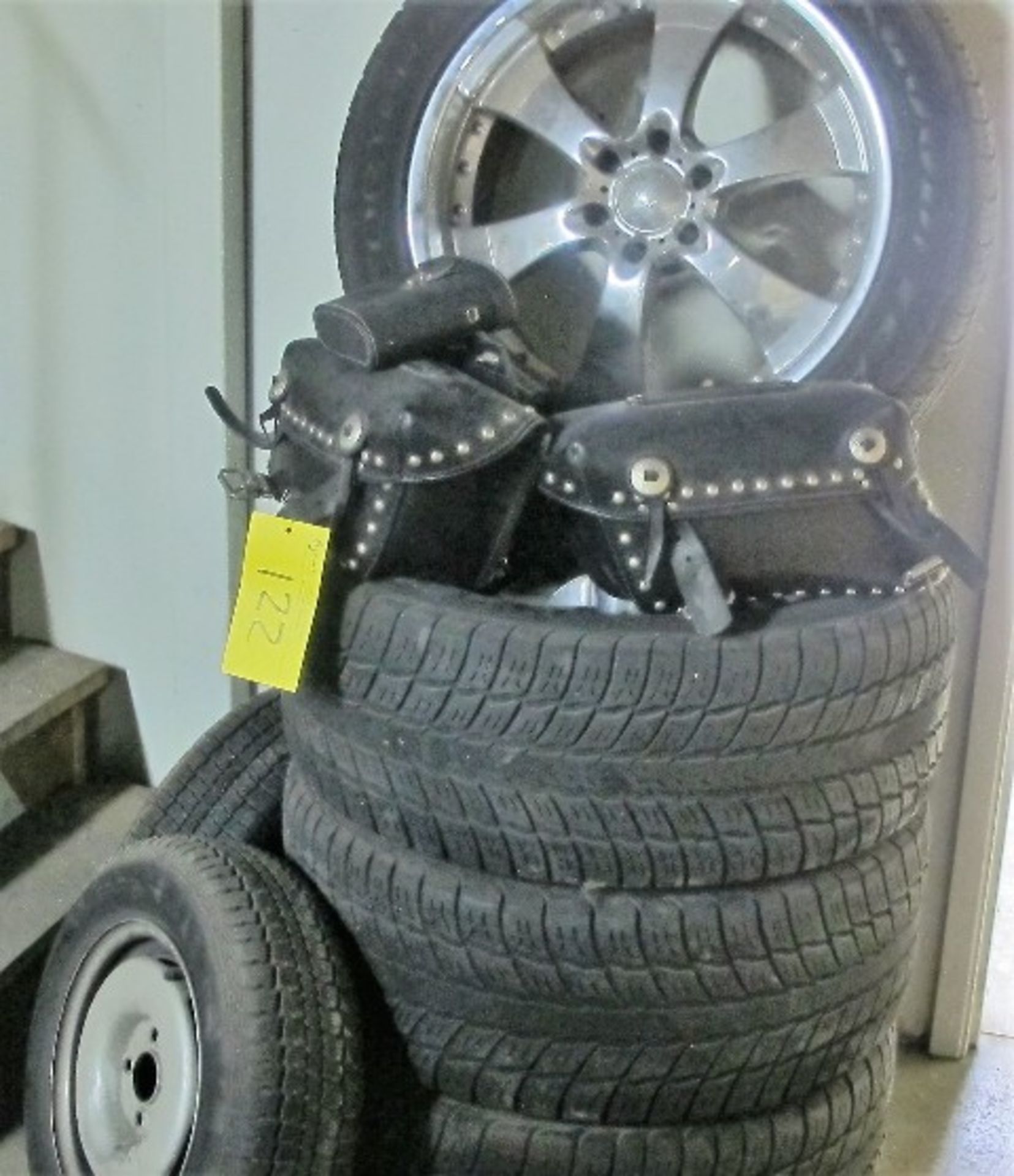 LOT OF (4) GOODYEAR FORTERA 305/45R ZZ TIRES (ON RIMS), MOTORCYCLE SADDLE BAGS, BALL HITCH AND