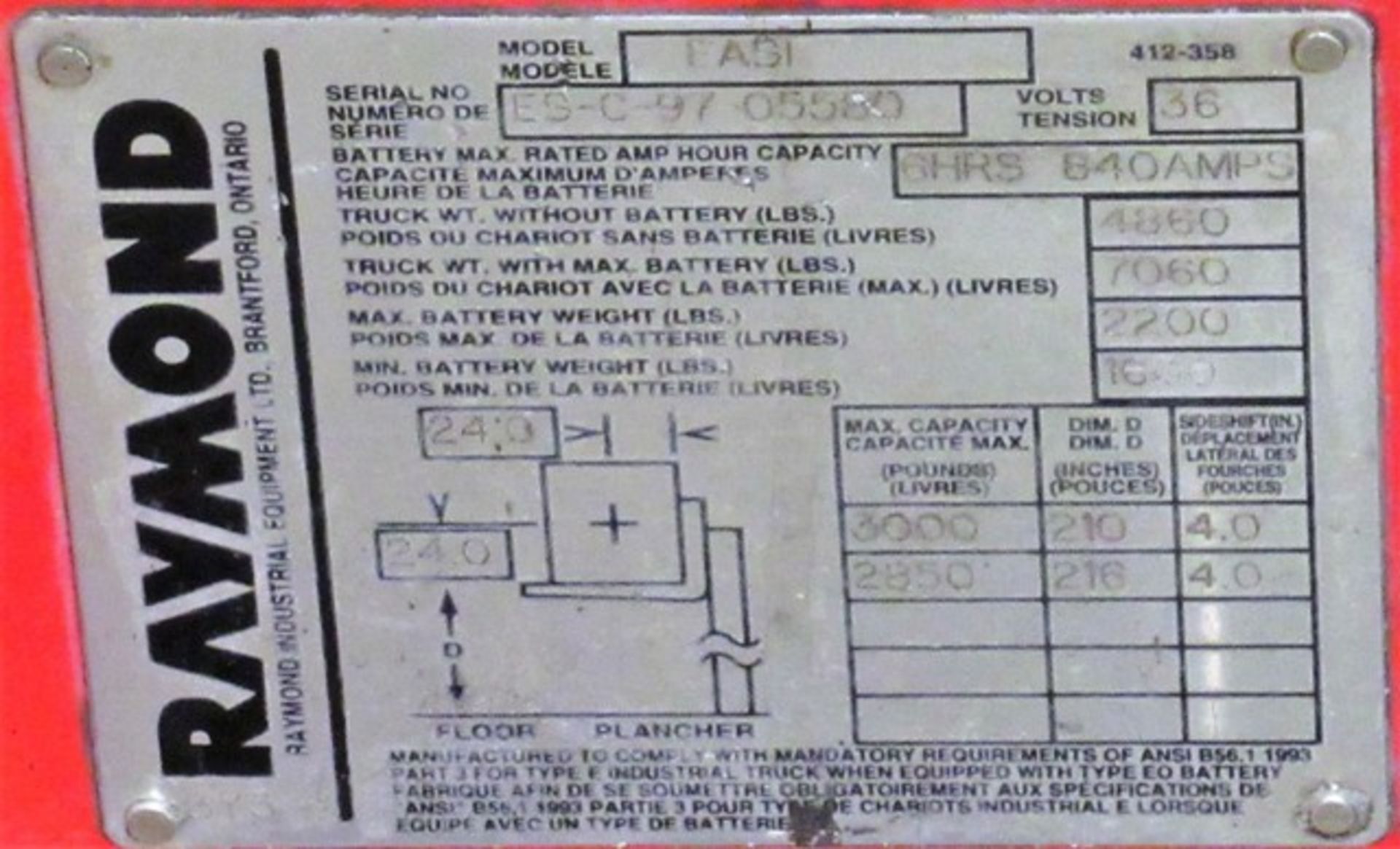 RAYMOND EASI R30TT Electric Reach Truck, 3,000lb Cap., 216” Max Lift, 7’ Mast Height, 36V, s/n ES- - Image 4 of 4