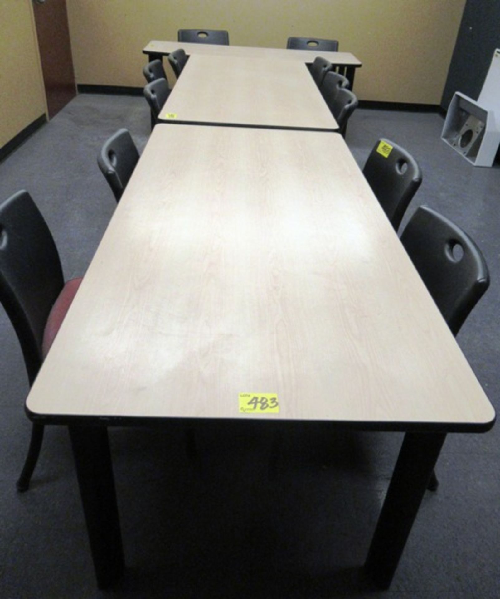 LOT TABLES, 12 LEATHER SIDE CHAIRS, U-SHAPED DESK