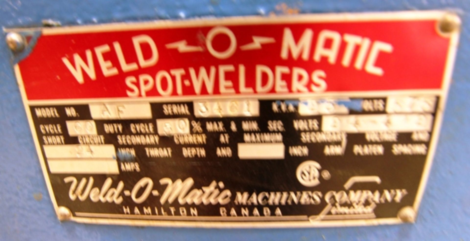 WELD-O-MATIC AF SPOT WELDER, 25 KVA, 3/60/575 VOLTS, 24" THROAT, TECHNO CONTROLLER S/N: 3461 - Image 2 of 2