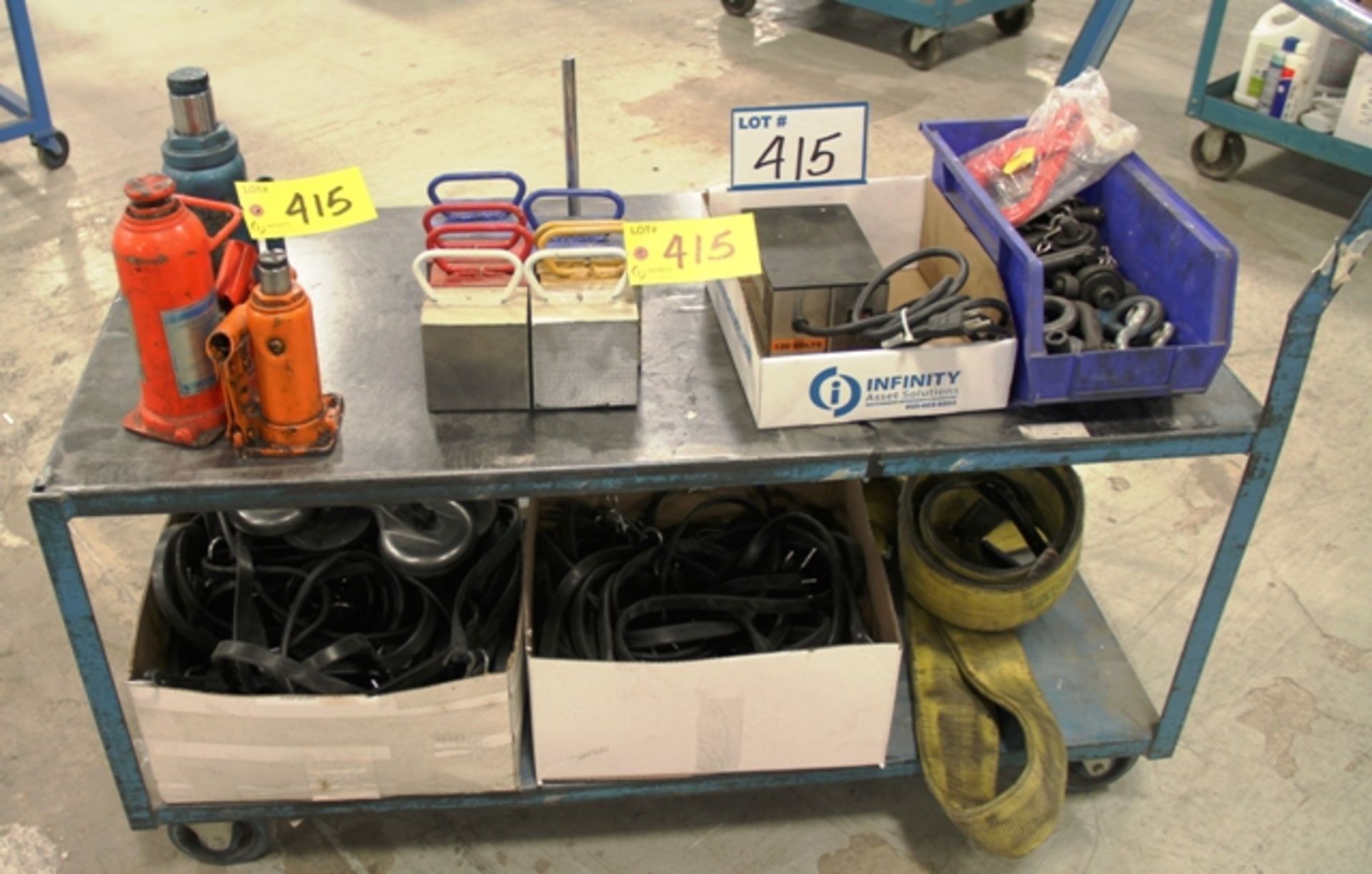 4 WH. FLAT DECK CART W/BOTTLE JACKS, MAGNETS, STRAPS, DEMAGNETIZER, LIFTING HOOKS, BUNGEE STRAPS