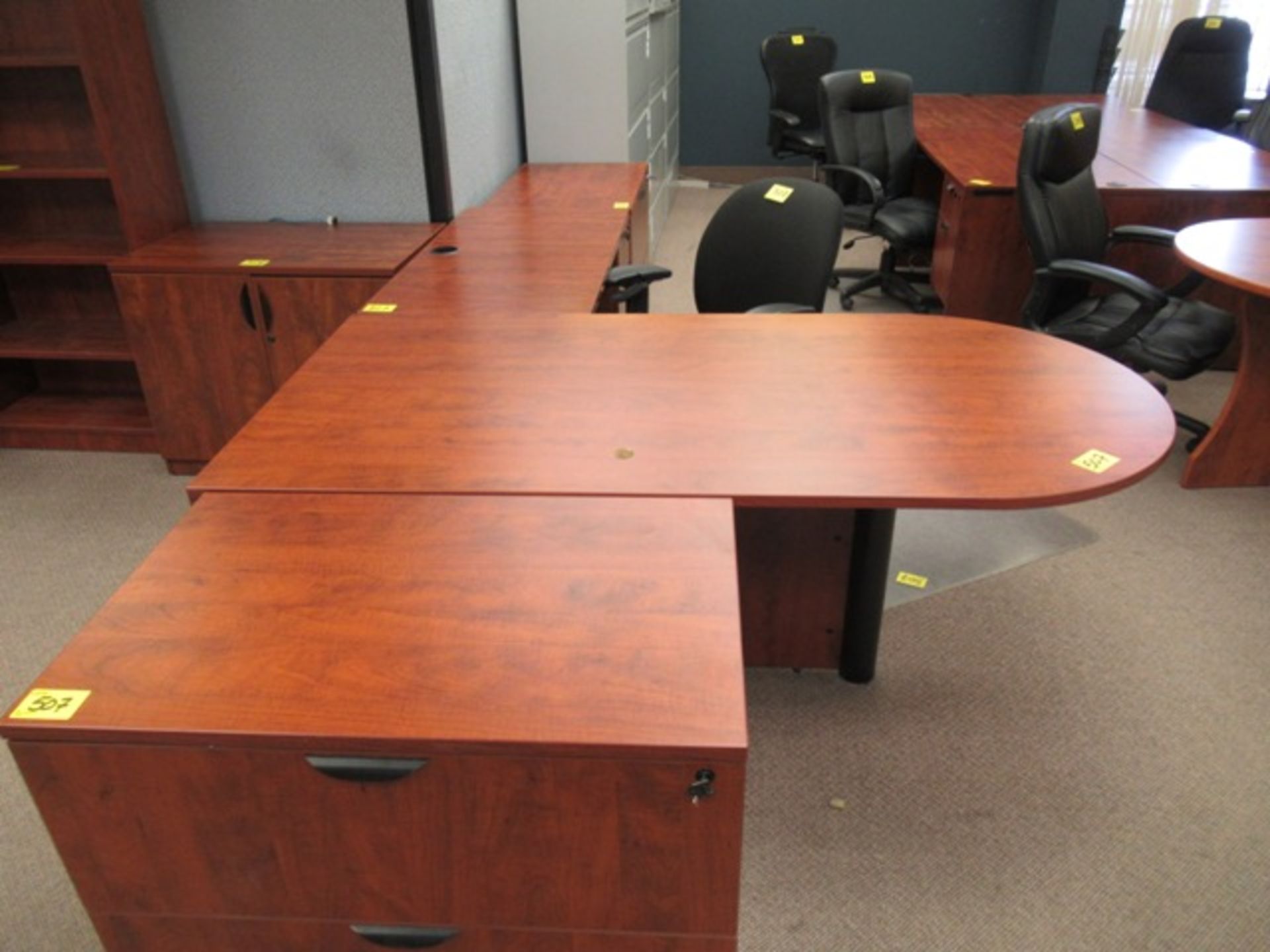 L-SHAPED DESK, 2 DR. STORAGE CABINET, DESK, CABINET & EXECUTIVE CHAIR