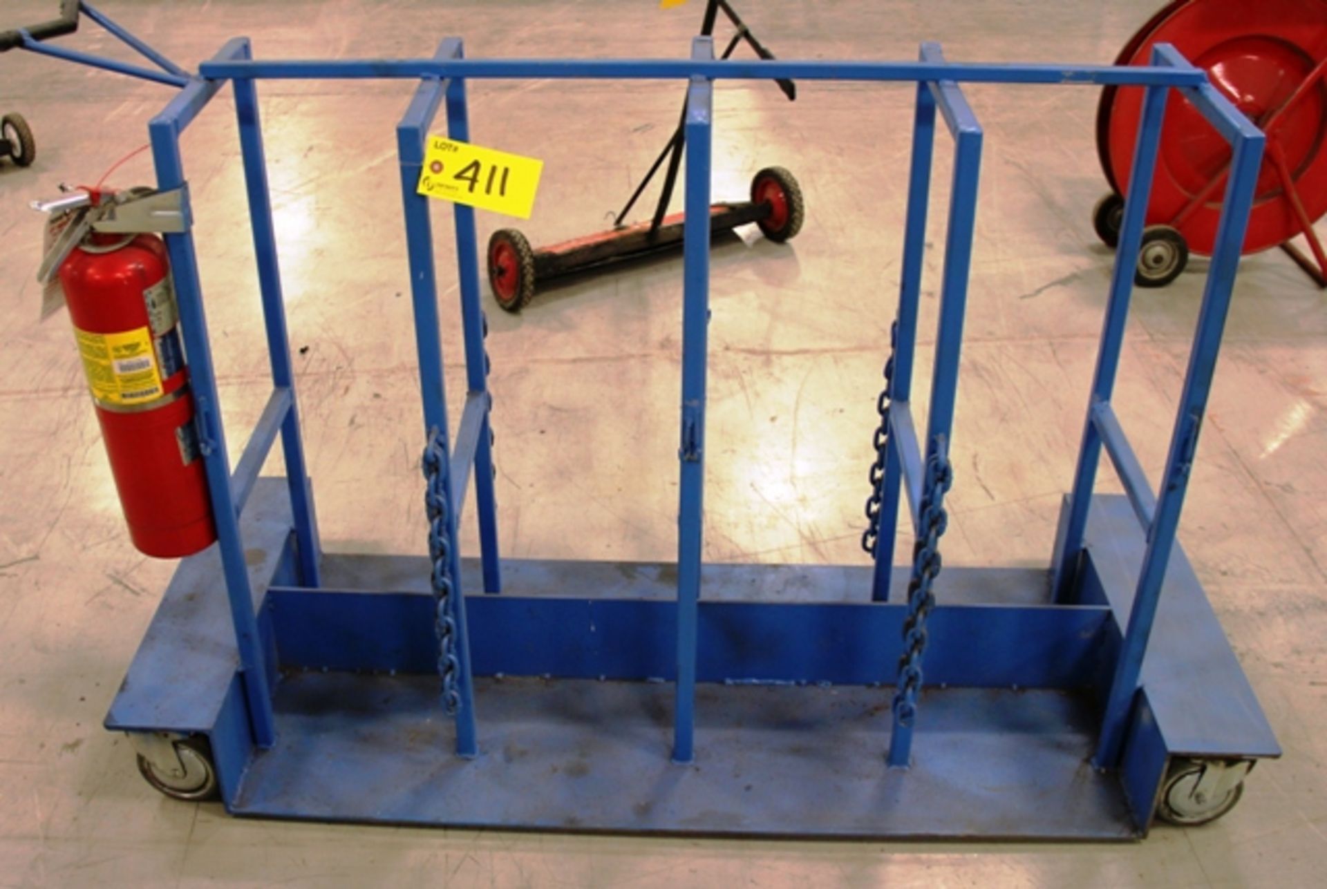 CUSTOM BUILT O/A BOTTLE STORAGE CART ON CASTERS W/FIRE EXTINGUISHER