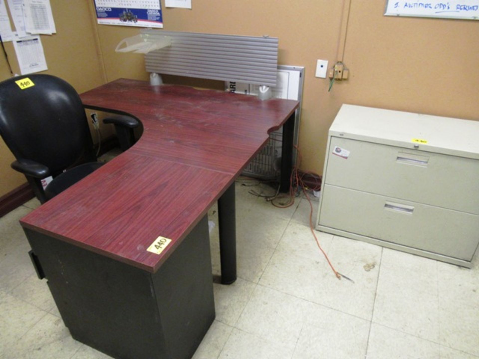 LOT 2 U-SHAPED DESKS, 2 ARMCHAIRS, WHITE BOARD, 2 DR. FILE CABINET