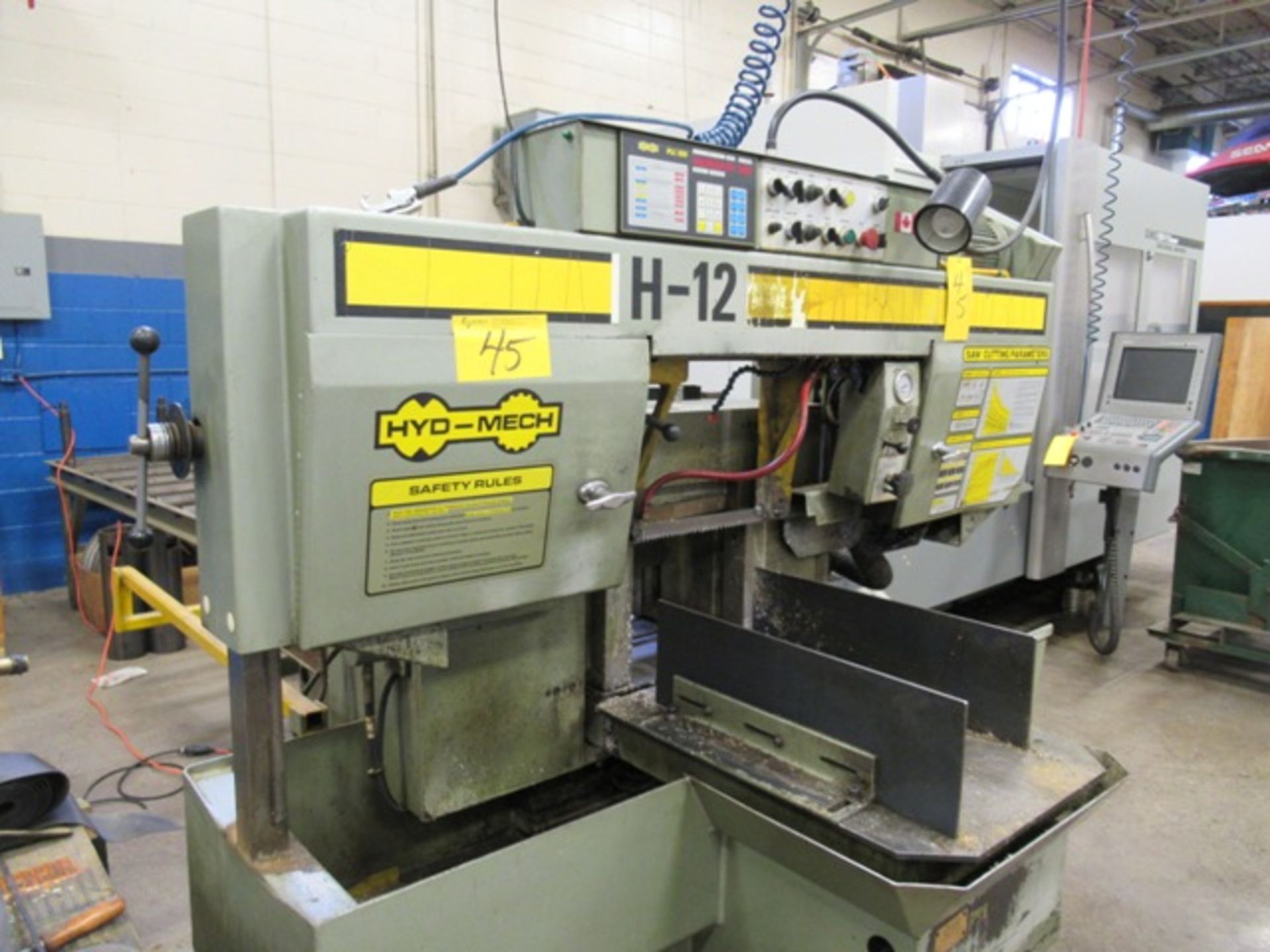 HYD-MECH H-12A FULLY AUTOMATIC HORIZONTAL BANDSAW W/PLC 100 CONTROL, 20"X10' INFEED ROLLER