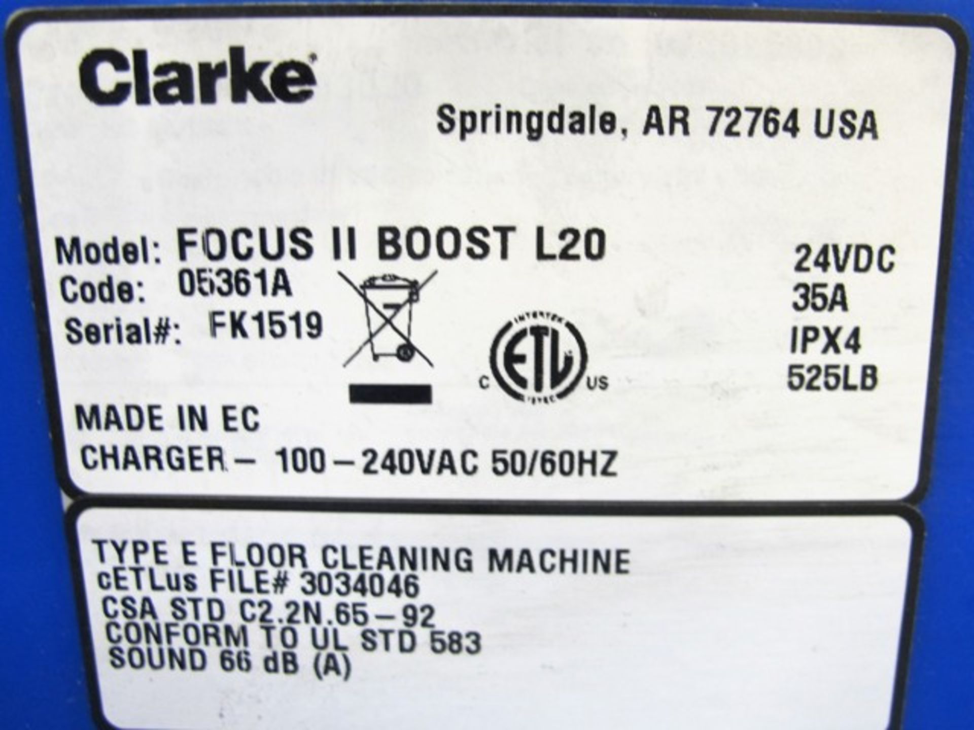 CLARKE FOCUS II BOOST L20 FLOOR CLEANER S/N: FK1519 - Image 2 of 3