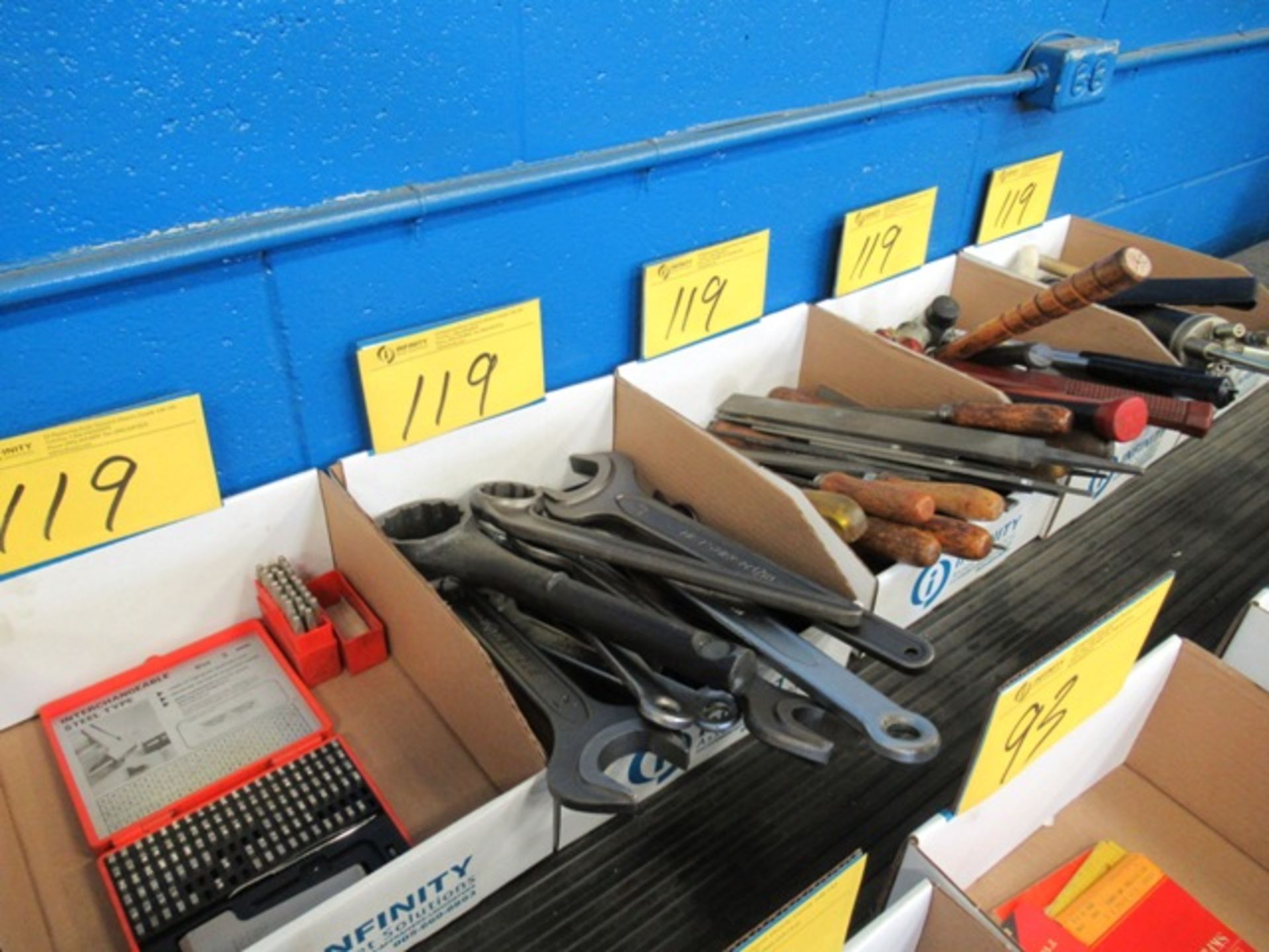 LOT ASST. WRENCHES, LETTER & # SETS, HAMMERS, FILES, ETC. (5 BOXES)