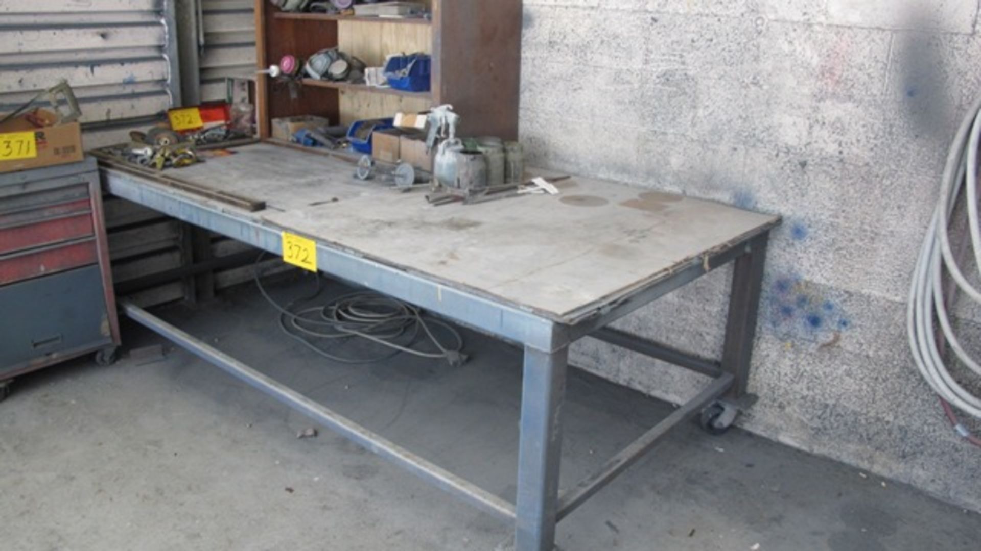 ROLLING STEEL TABLE W/TOOLS, PAINT POTS AND SUPPLIES