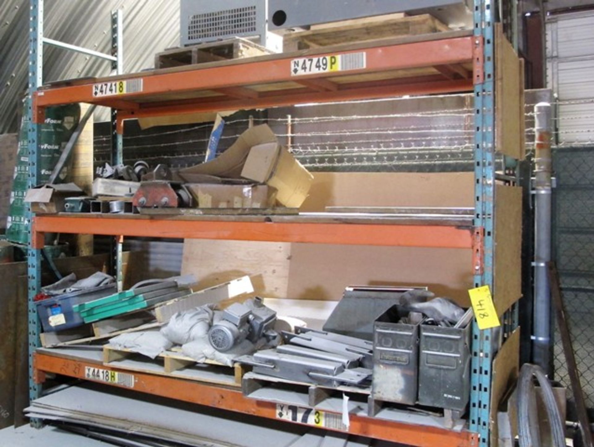 SECTION OF PALLET RACKING W/TRANSFORMER, POWER BOXES, PARTS, NEWFORM TUBES, ETC.