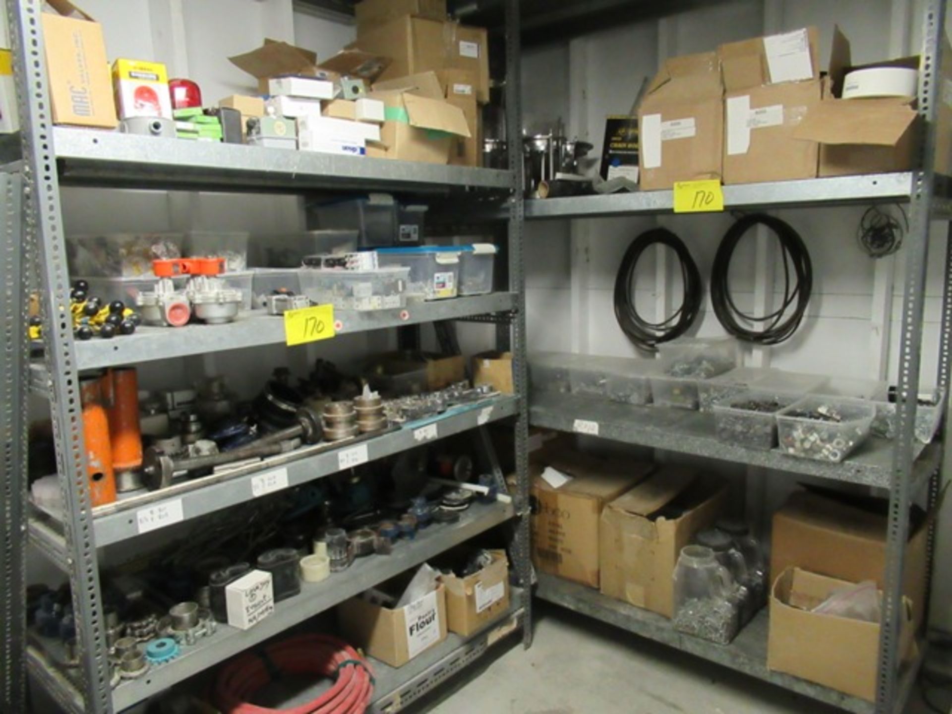 LOT CONTENTS OF PARTS ROOM - ELECTRICAL PARTS, NUTS, BOLTS, SHELVING, ETC.