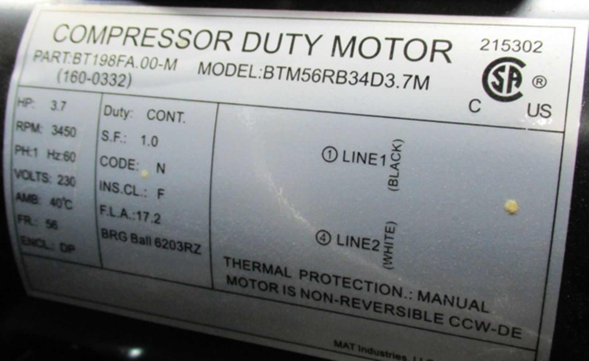 SANBORN SL3706056 AIR COMPRESSOR, 3.7 HP, 230 VOLTS, S/N SN1303108S2813317 - Image 3 of 3