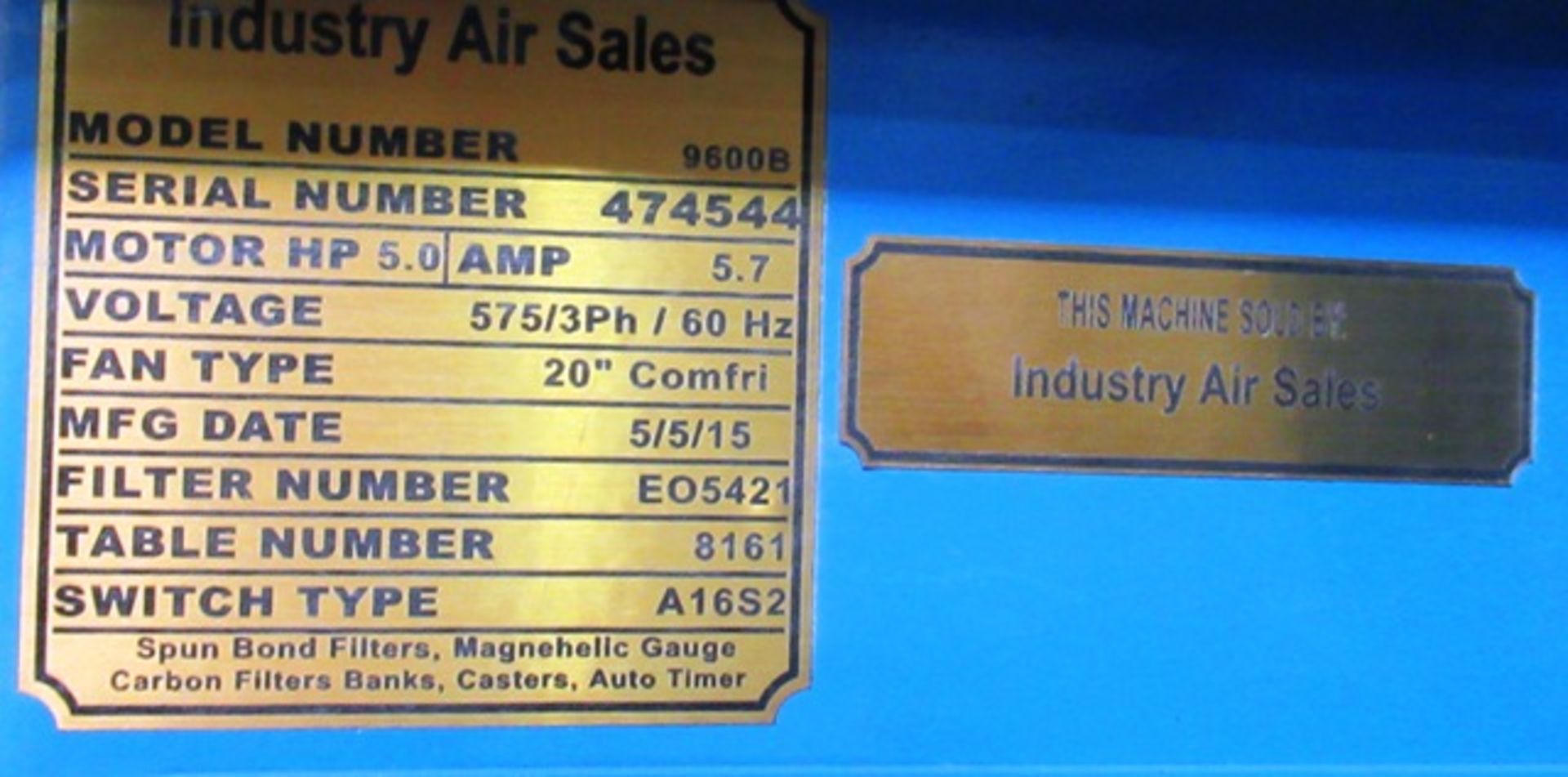 2015 INDUSTRY AIR SALES MODEL 9600B DOWN DRAFT TABLE, 4' X 8' LONG, 5 HP, 3/60/575 V, S/N 474544 - Image 4 of 4