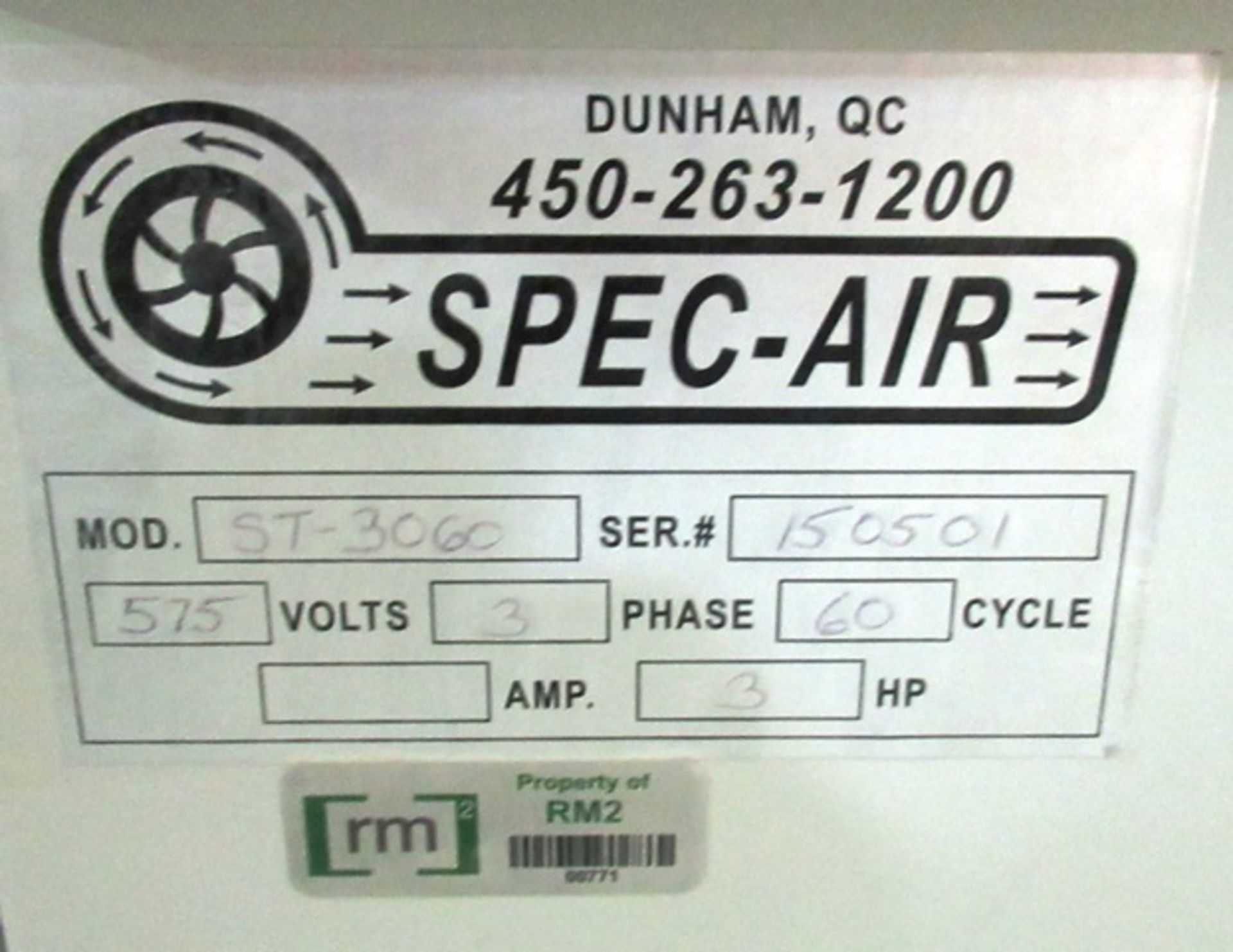 SPEC-AIR MODEL ST 3060 DOWN DRAFT TABLE, 3/60/575V, 3HP, S/N 150501 - Image 3 of 3