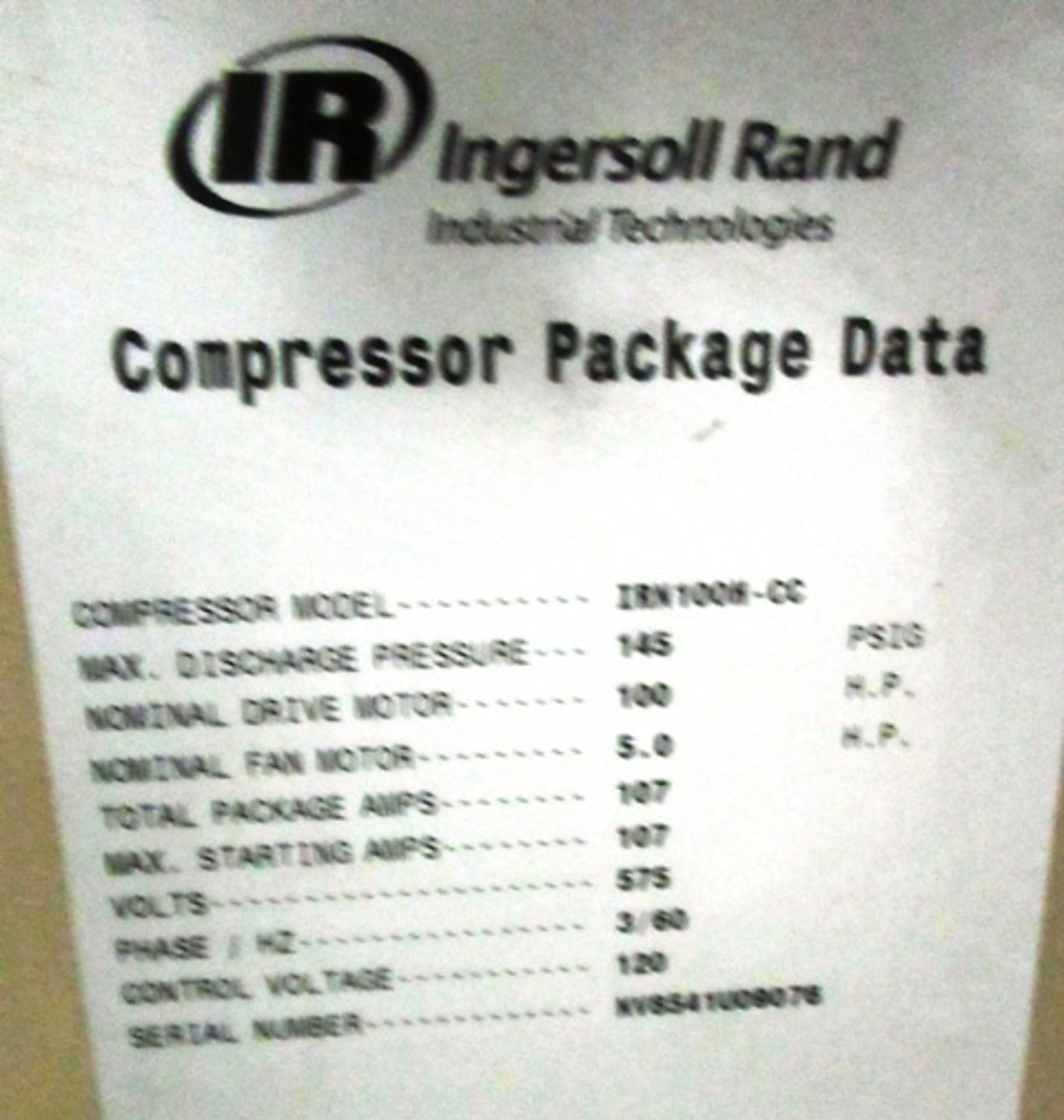 INGESOLL RAND MODEL IRN-100M-CC ROTARY SCREW AIR COMPRESSOR, DELAYED DELIVERY JULY 26TH - Image 3 of 3