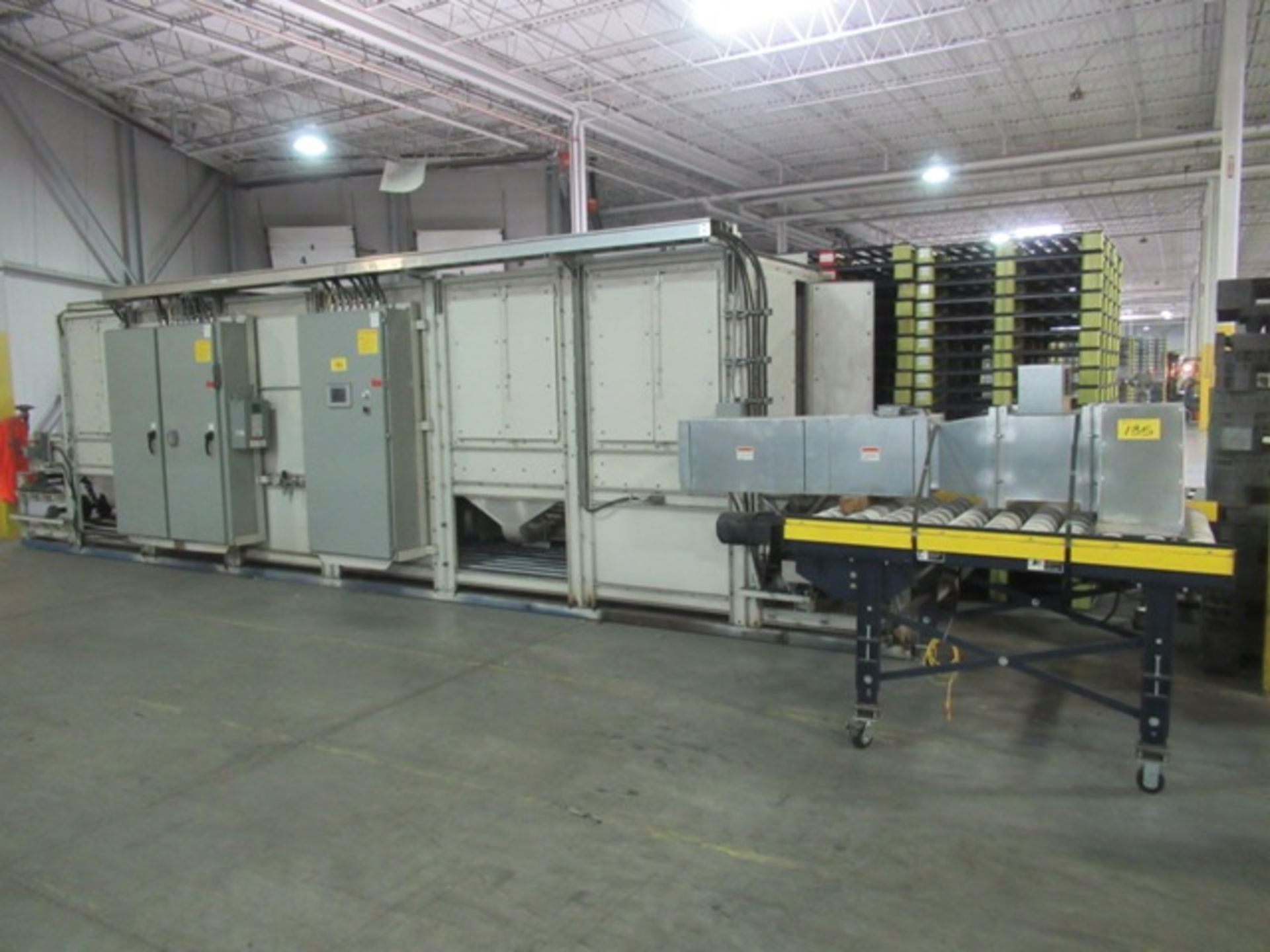 INE 48' X 30' LONG FLOW THROUGH CURING OVEN, 3/60/600 VOLTS, 29.5 HP, 10KW LANGES + MOTOR, ENCLOSURE