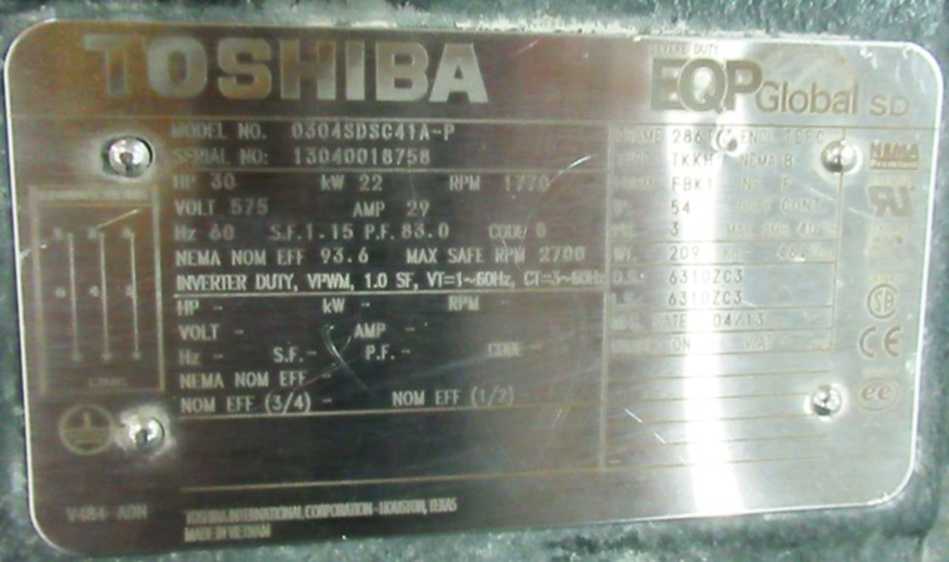 TOSHIBA 30 HP ELECTRIC MOTOR, 3/60/575V, 1770 RPM - Image 2 of 2