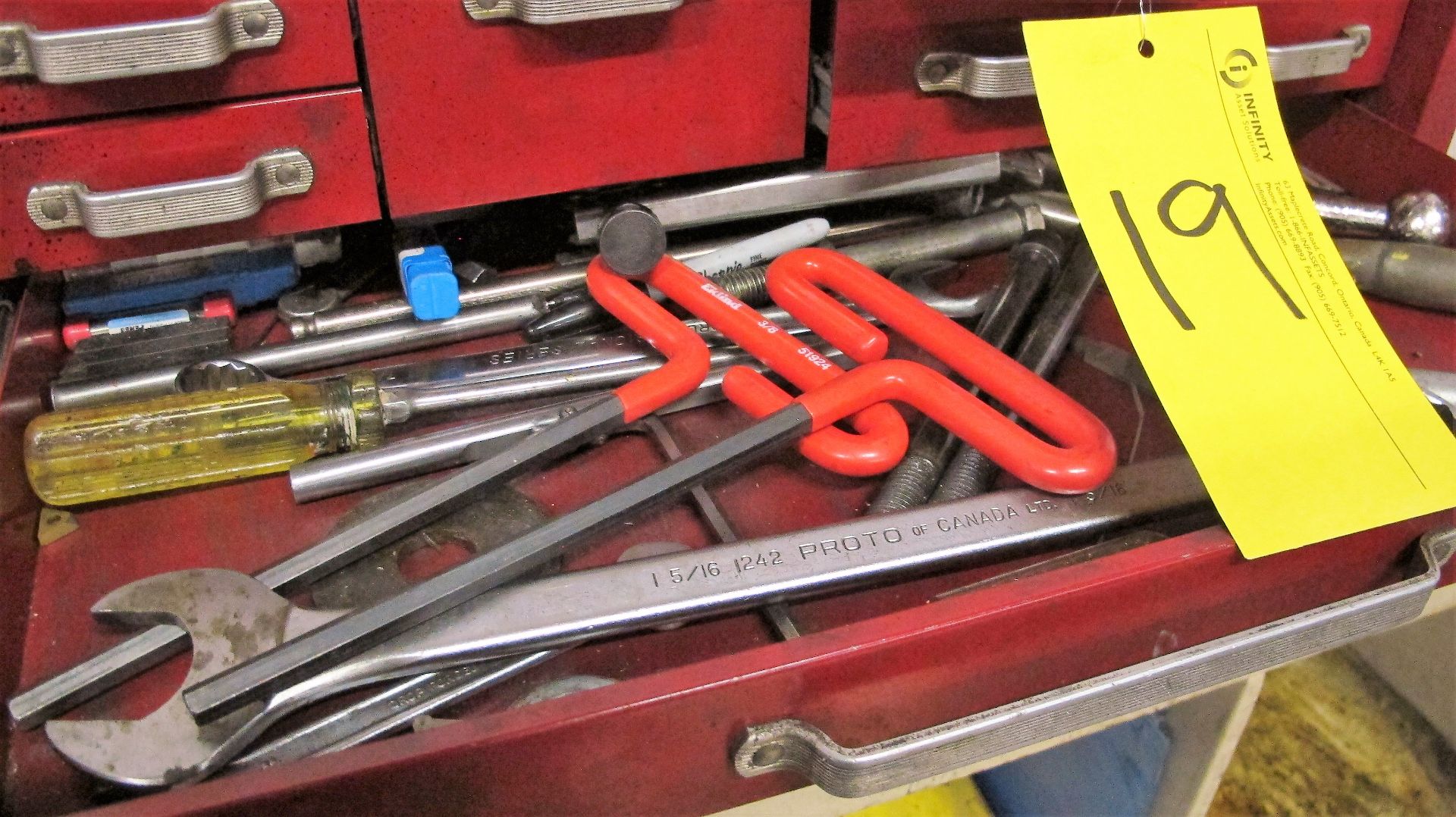 TOOL CHEST W/ CONTENTS INCL. WRENCHES, HOLD DOWNS, HAND TOOLS, METAL TABLE, ETC. - Image 3 of 5