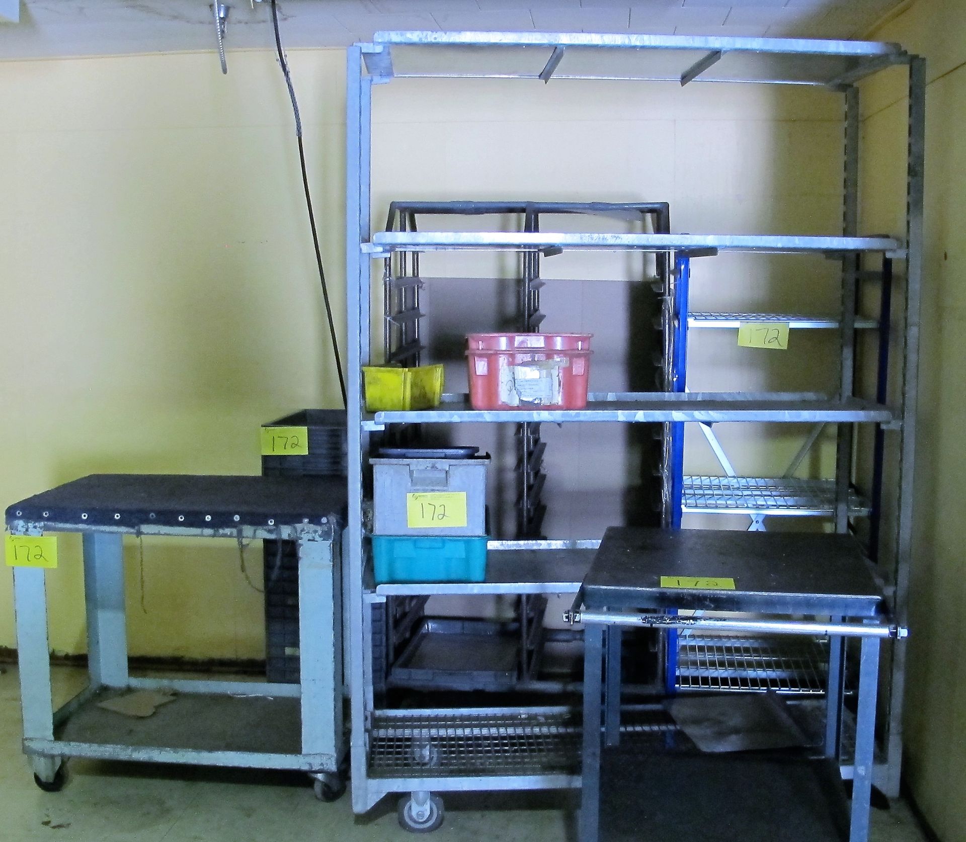 LOT OF ASST. METAL CARTS, TRAYS, RACKS, ETC.