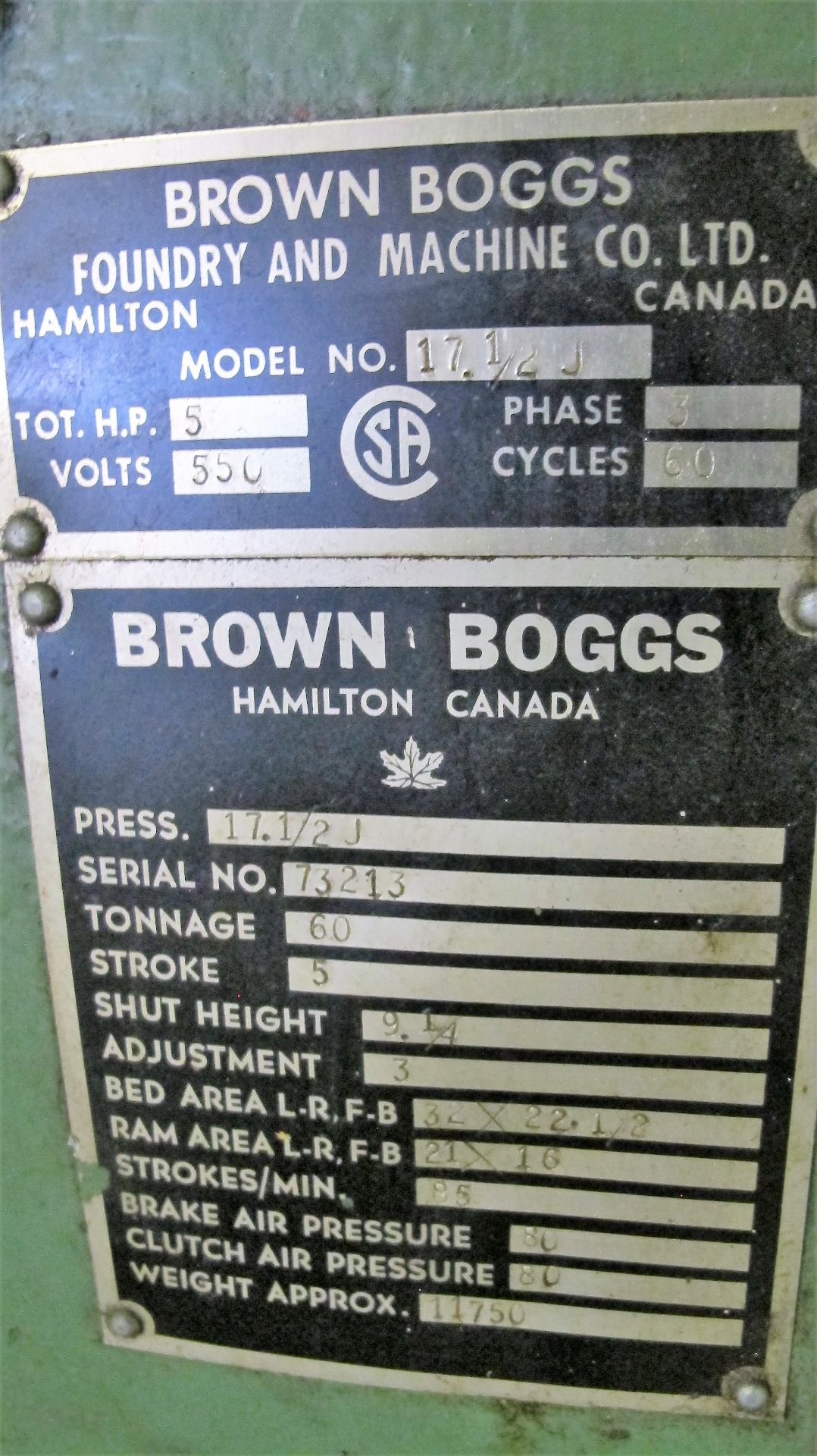 BROWN BOGGS 17.1/2J PUNCH PRESS, S/N 73213, 60 TON CAP., 5" STROKE, 9-1/4" SHUT HEIGHT, 3" ADJUST, - Image 6 of 6
