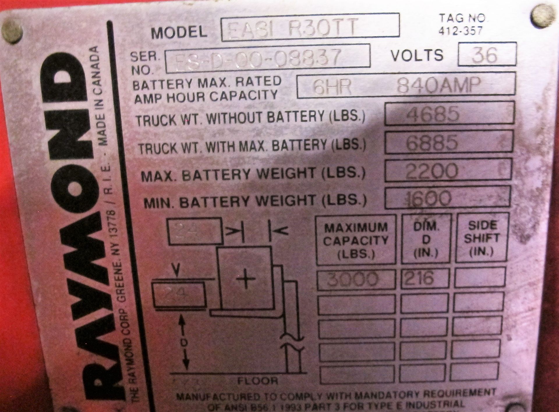 2000 RAYMOND EASI R30TT ELECTRIC REACH TRUCK, 3,000LB CAP., 216" MAX LIFT, 36V, 7' 11" MAST W/ - Image 5 of 6