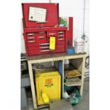 TOOL CHEST W/ CONTENTS INCL. WRENCHES, HOLD DOWNS, HAND TOOLS, METAL TABLE, ETC.