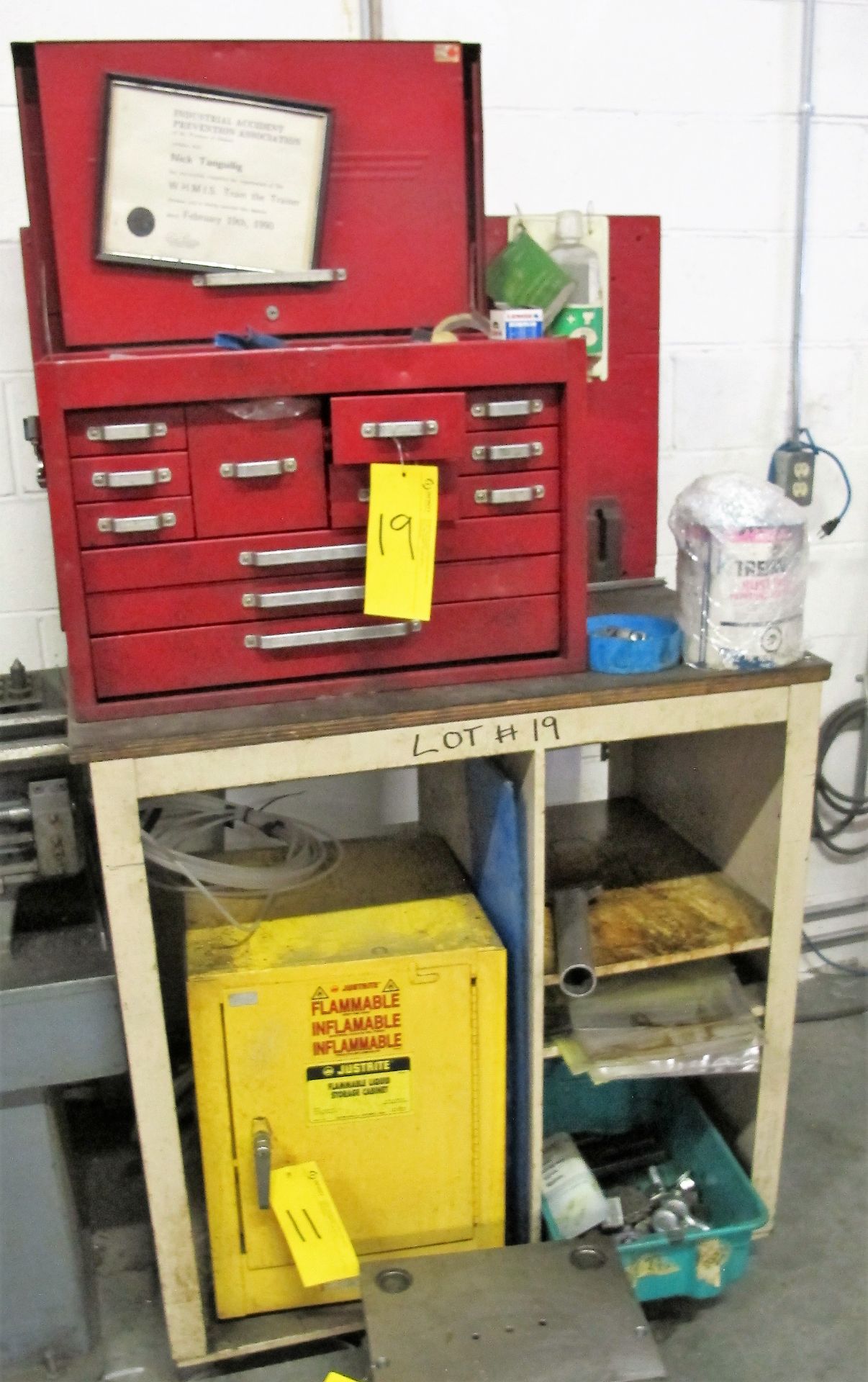 TOOL CHEST W/ CONTENTS INCL. WRENCHES, HOLD DOWNS, HAND TOOLS, METAL TABLE, ETC.