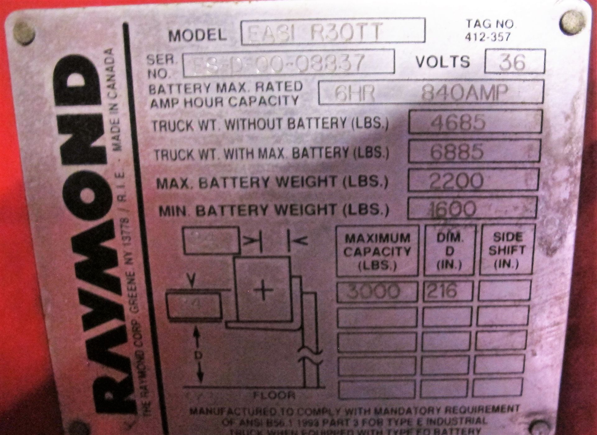 2000 RAYMOND EASI R30TT ELECTRIC REACH TRUCK, 3,000LB CAP., 216" MAX LIFT, 36V, 7' 11" MAST W/ - Image 4 of 6