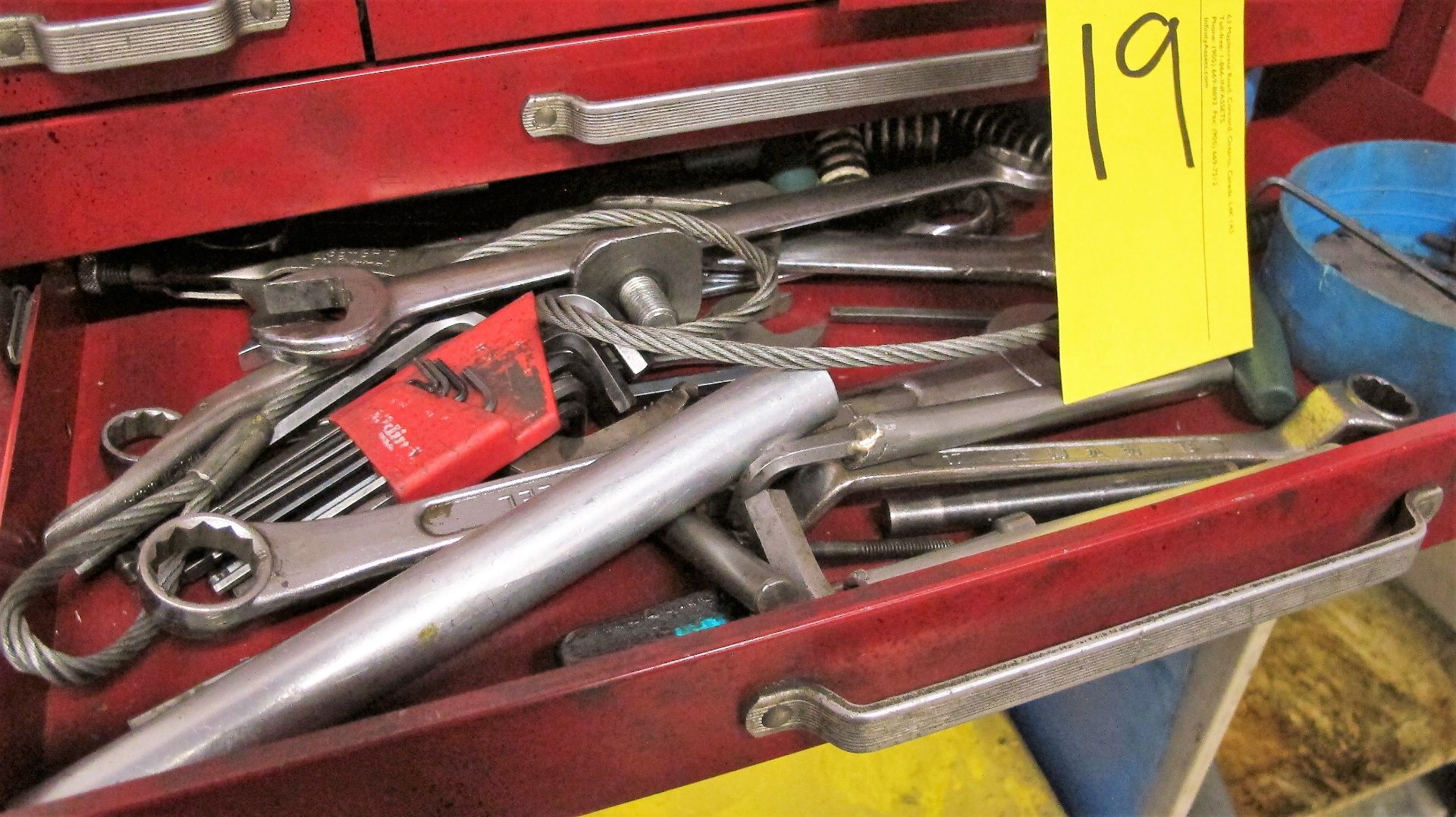 TOOL CHEST W/ CONTENTS INCL. WRENCHES, HOLD DOWNS, HAND TOOLS, METAL TABLE, ETC. - Image 4 of 5