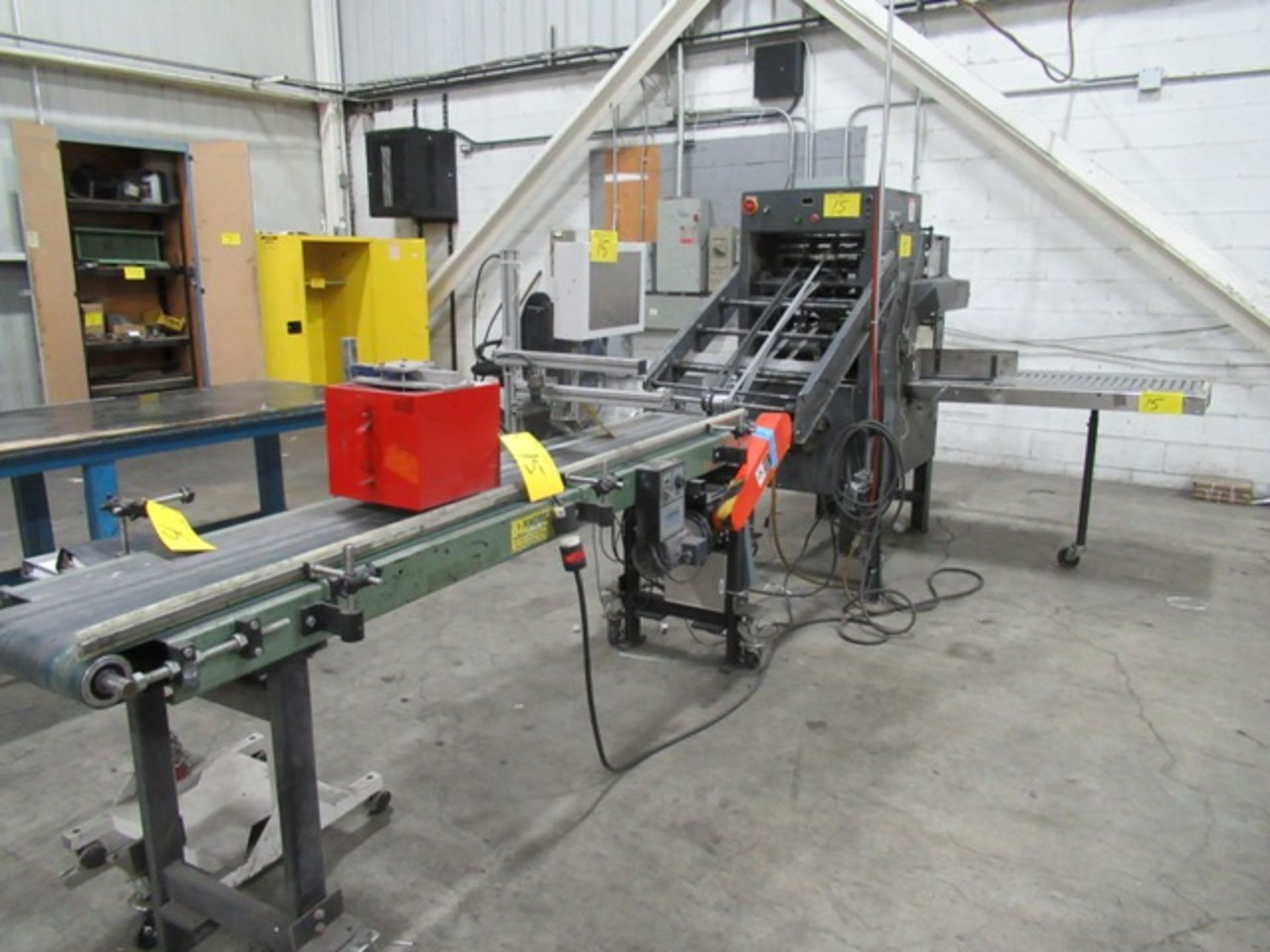 MAIL INSPECTION ASSEMBLY LINE W/RIMA RS-10 STACKER, S/N 816, POWERBELT 12" X 8' POWERED BELT