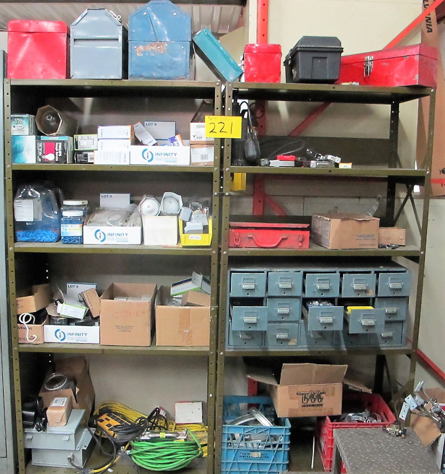 2 METAL SHELVING UNITS W/TOOL BOXES, EXTENSION CORDS, LIGHT BULBS, FASTNERS, ETC.