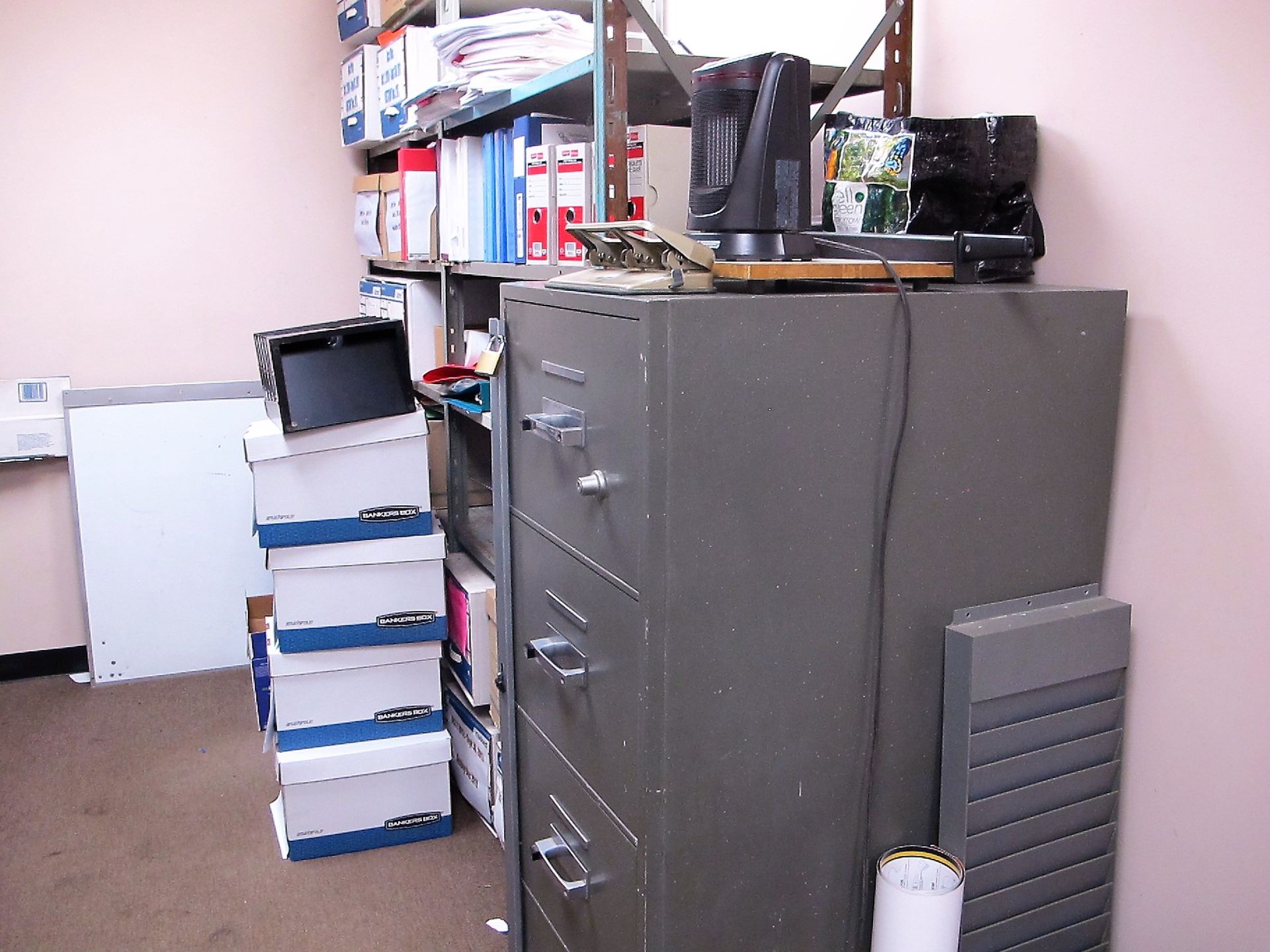 CONTENTS OF OFFICE SUPPLY ROOM (NO ELECTRONICS), INCL SHELVING UNITS, FIRE PROOF FILE CABINET, DESK, - Image 2 of 2