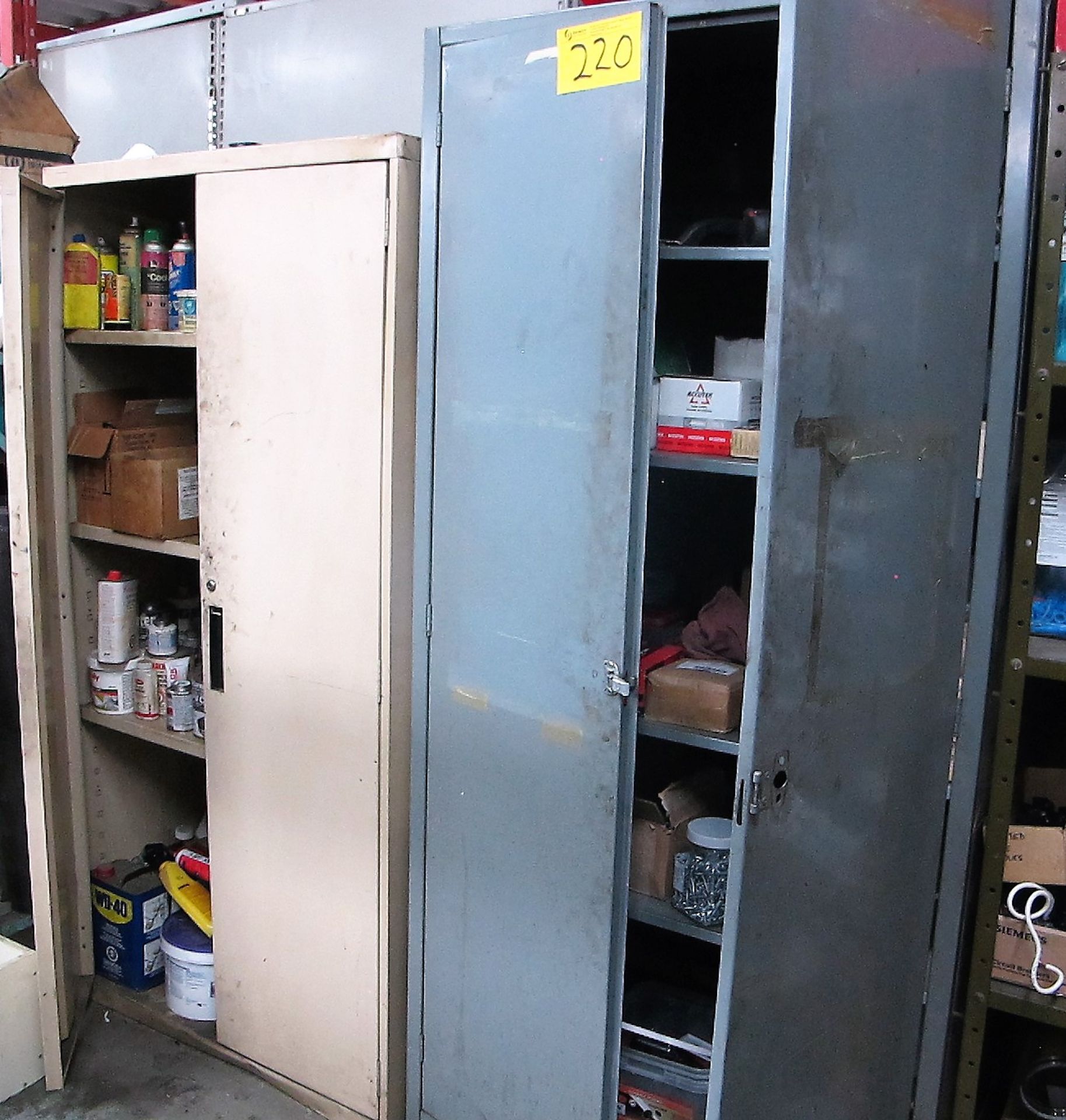 2-2 DOOR METAL CABINETS W/HARDWARE AND CLEANING SUPPLIES