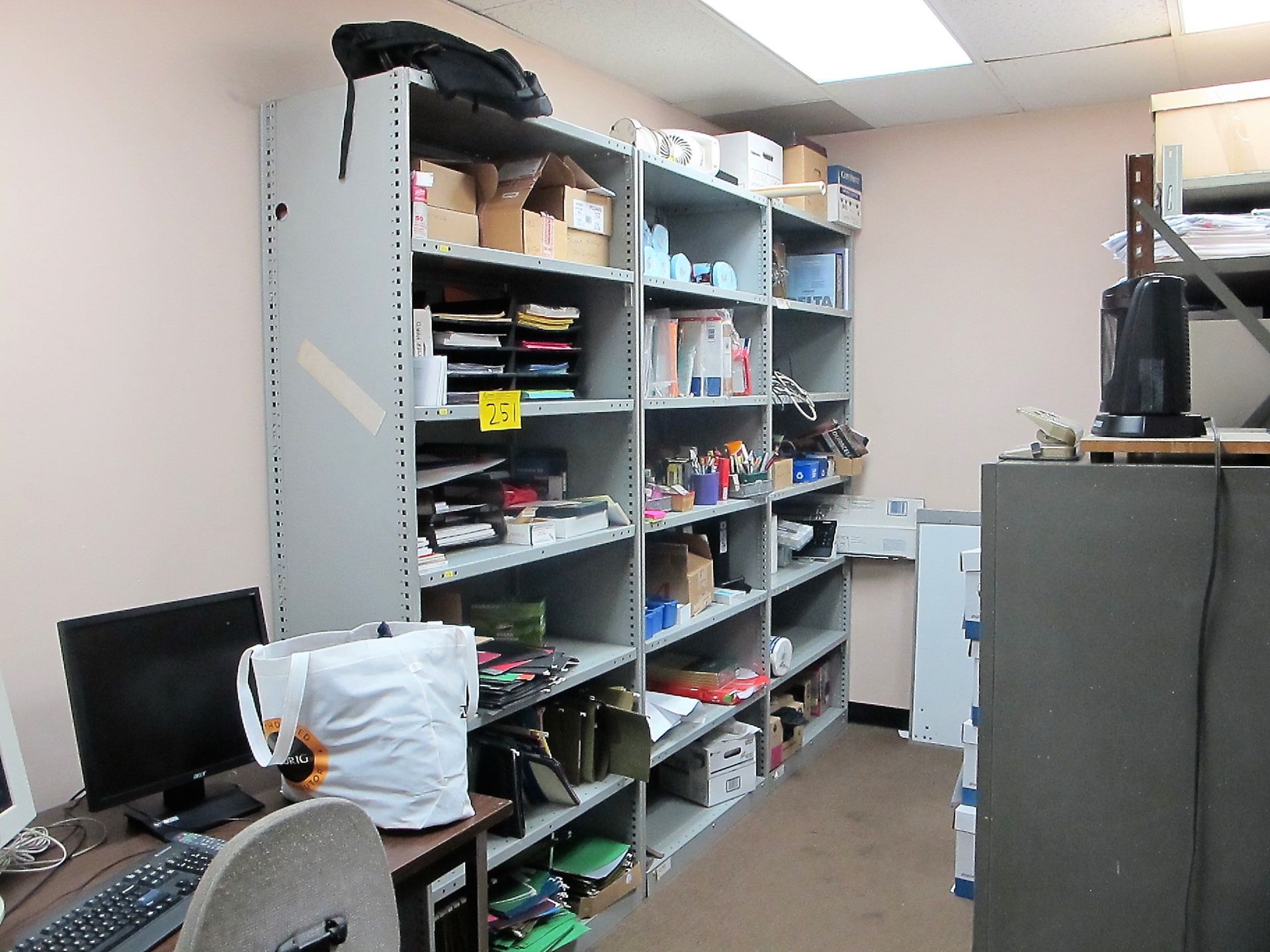 CONTENTS OF OFFICE SUPPLY ROOM (NO ELECTRONICS), INCL SHELVING UNITS, FIRE PROOF FILE CABINET, DESK,