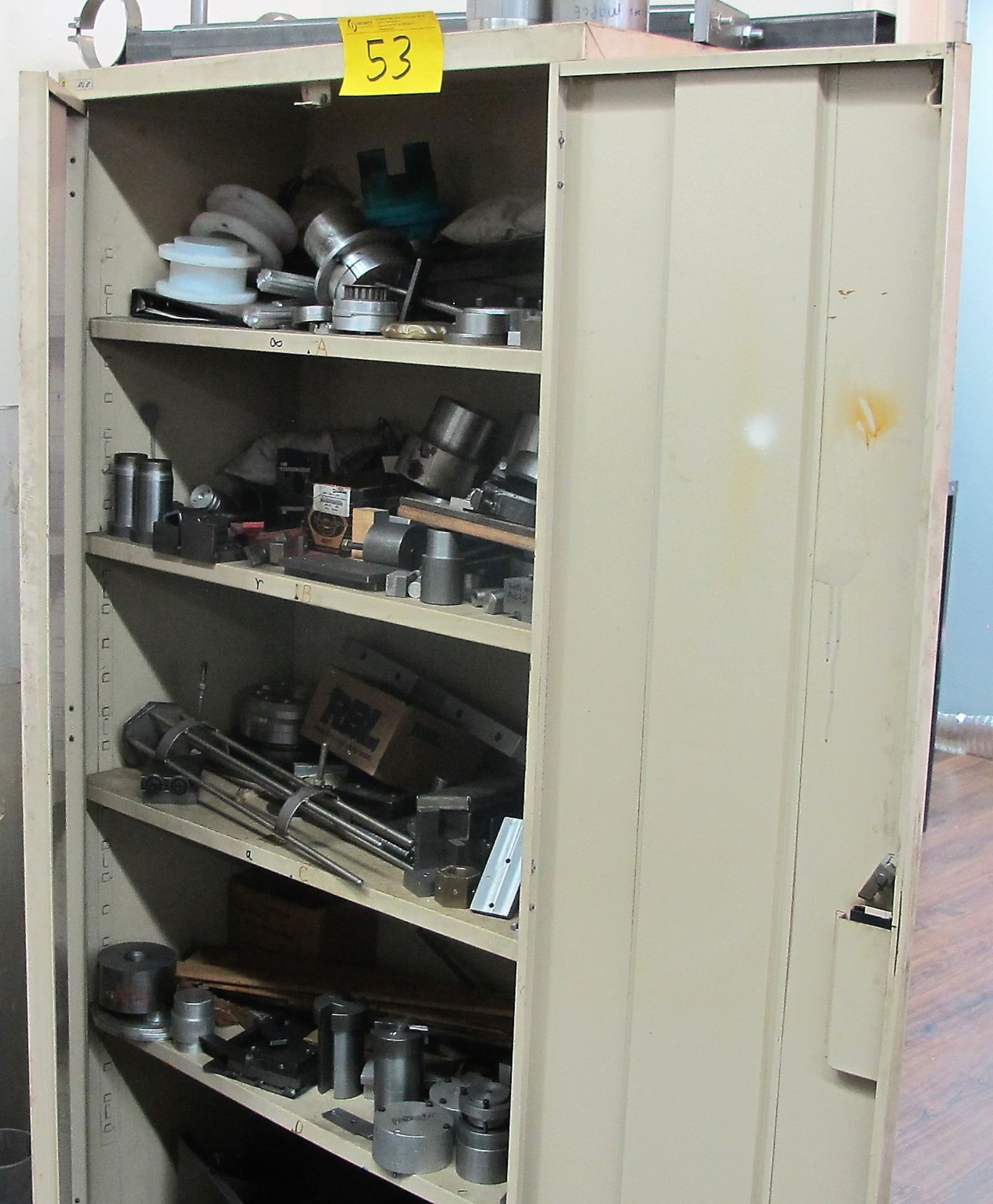 2 DOOR CABINET AND CONTENTS OF BROACHES, HOLD DOWNS, ETC.