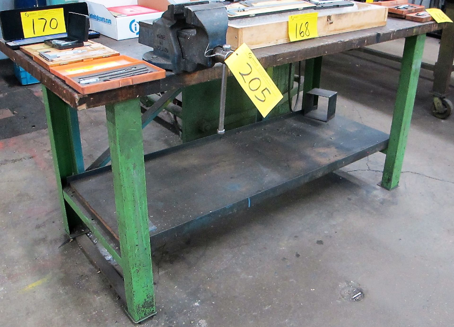 WOOD TOP WORK BENCH W/APPROX. 6"VISE (NO CONTENTS)