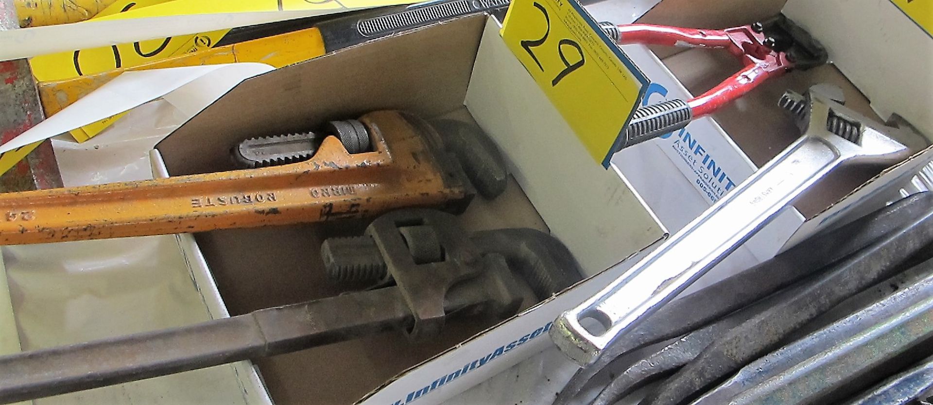 2 BOXES OF ADJUSTABLE WRENCH, BOLT CUTTER, PIPE WRENCHES