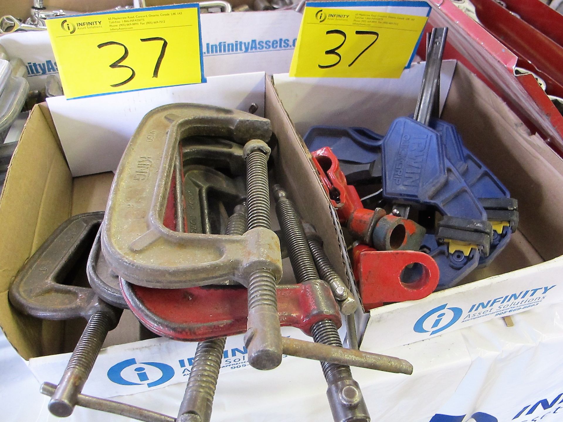 2 BOXES OF C CLAMPS, IRWIN CLAMPS AND BAR CLAMP ATTACHMENTS