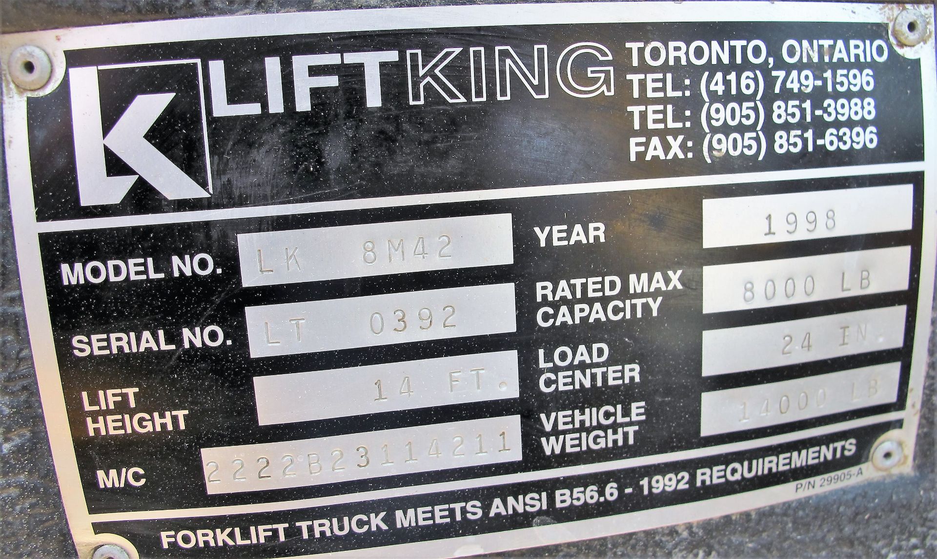 1998 LIFT KING LK8M42 DIESEL FORKLIFT W/8000 LB CAP, 14' MAX LIFT, SIDE SHIFT, CASCADING FORKS, 4 - Image 11 of 11